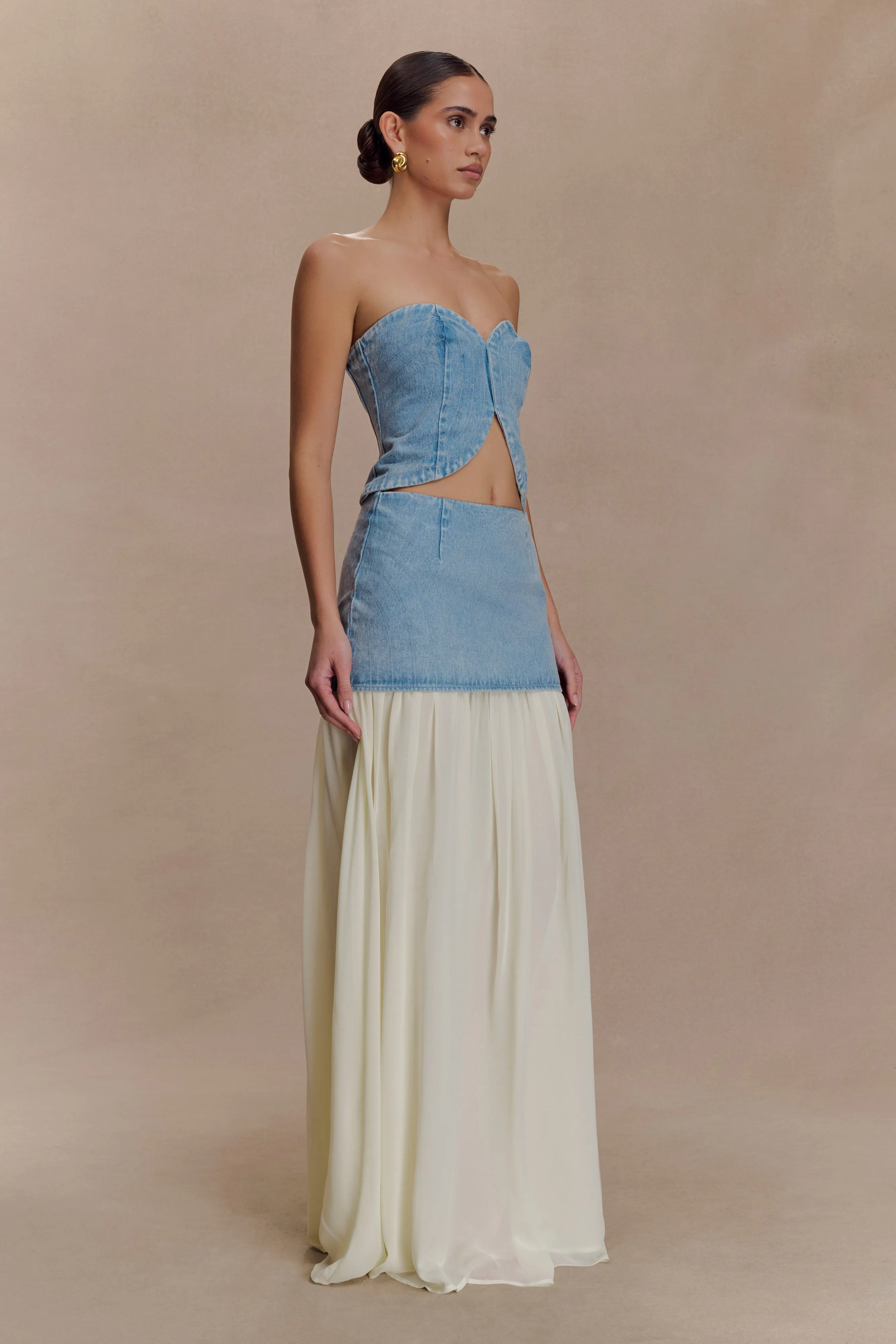 Tully Chiffon Denim Maxi Skirt - 80'S Blue Clean Aesthetic
