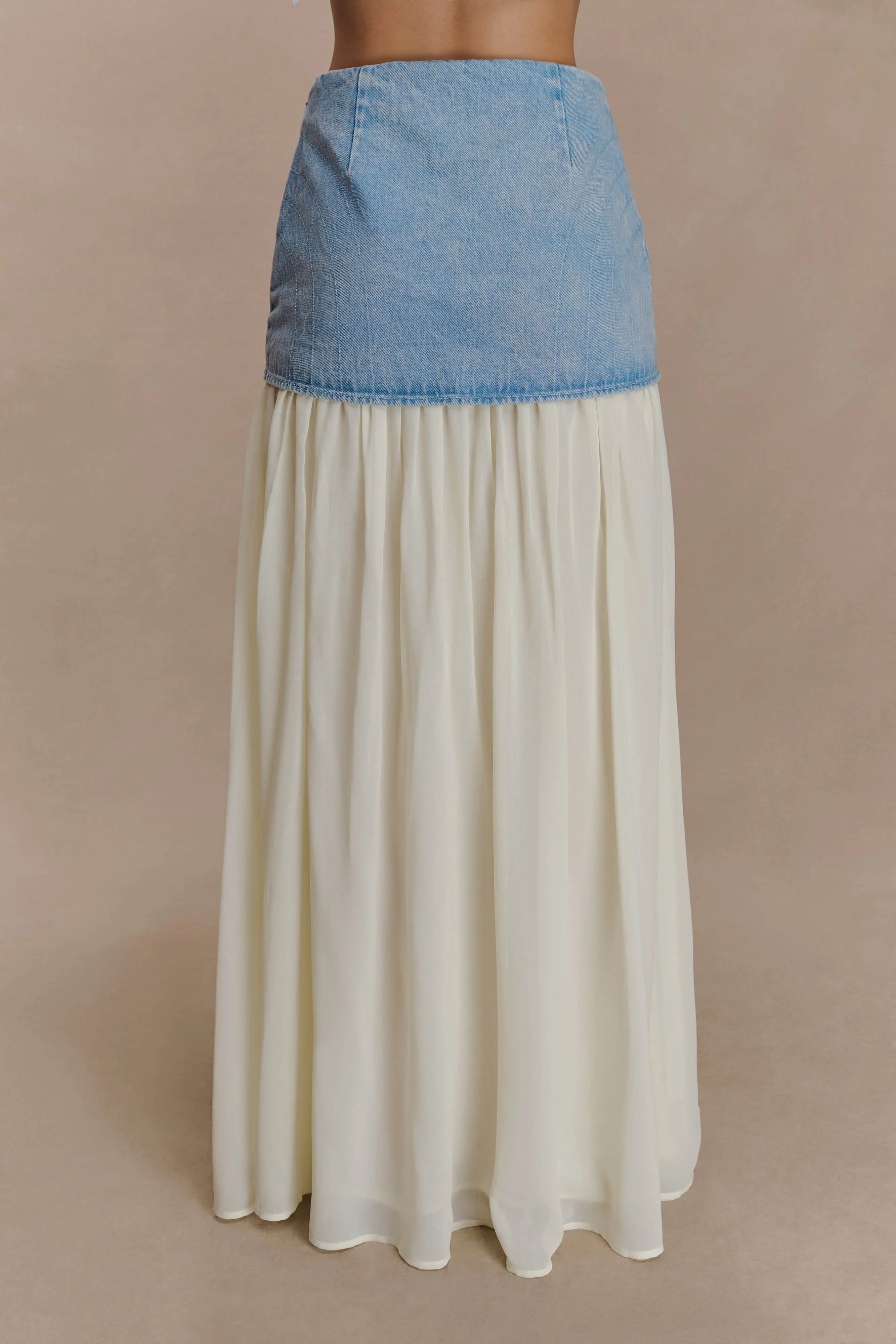 Tully Chiffon Denim Maxi Skirt - 80'S Blue Classic Wear Party Look Night Out Daily Wear