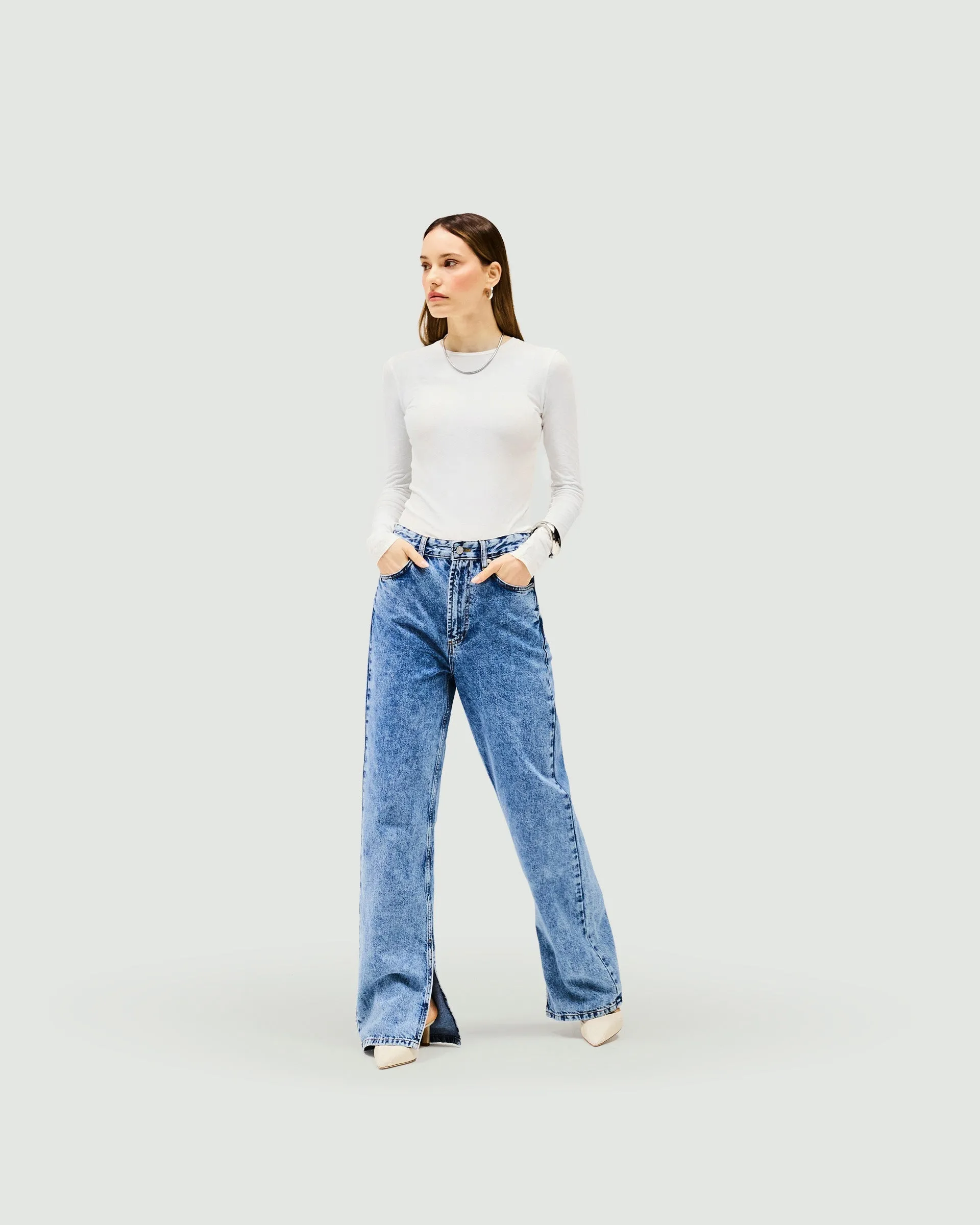 Layer Friendly Piece Always Fits Split Hem Straight Jean - Washed Blue
