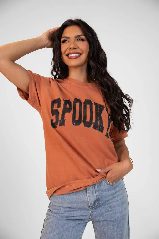 All-Day Stretch V neck elegance Spooky Block Rust Graphic Tee SALE