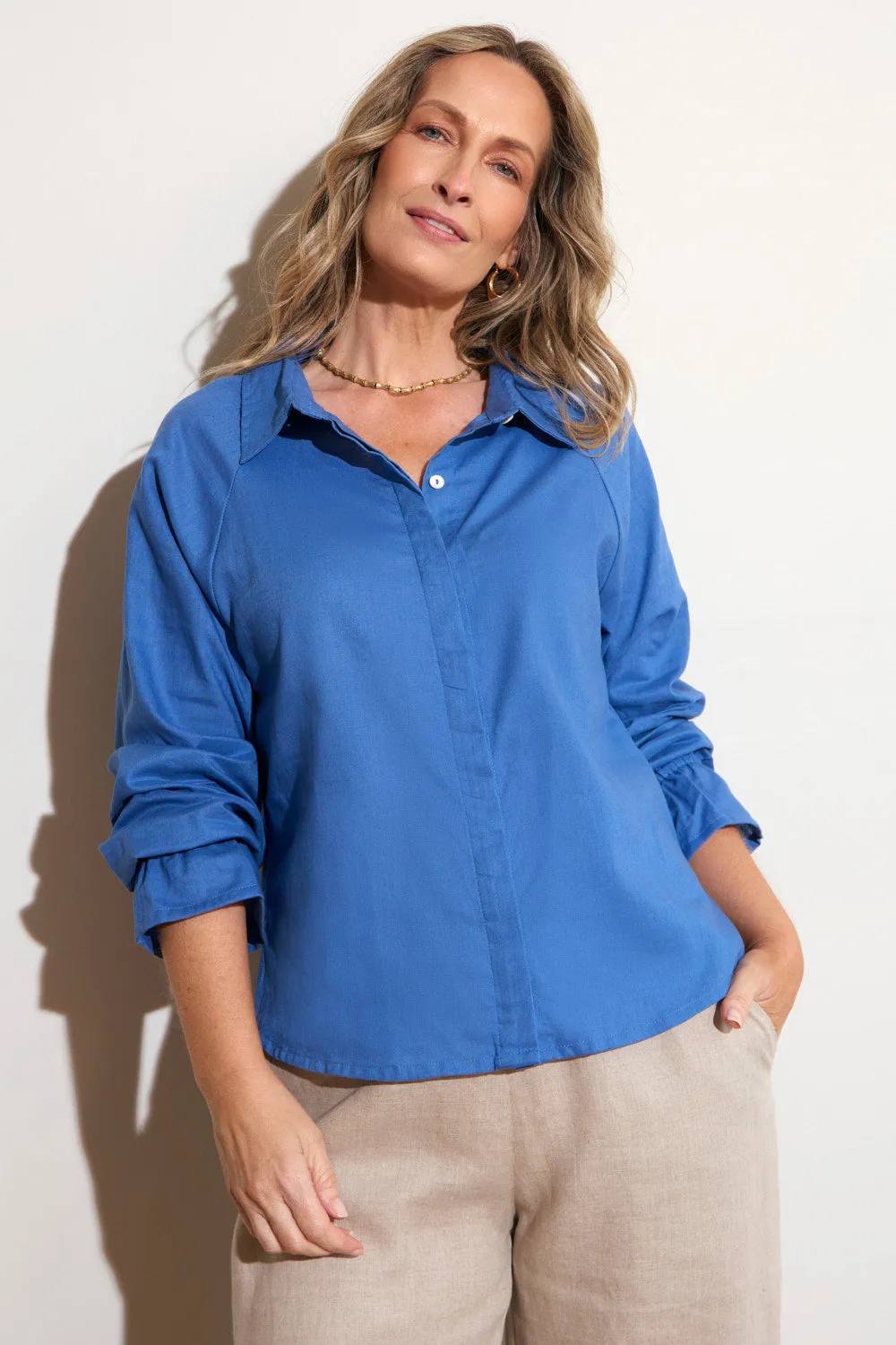 Ebony Frill Cuff Top in Yale Blue elastic waistband Simple Comfort Wear