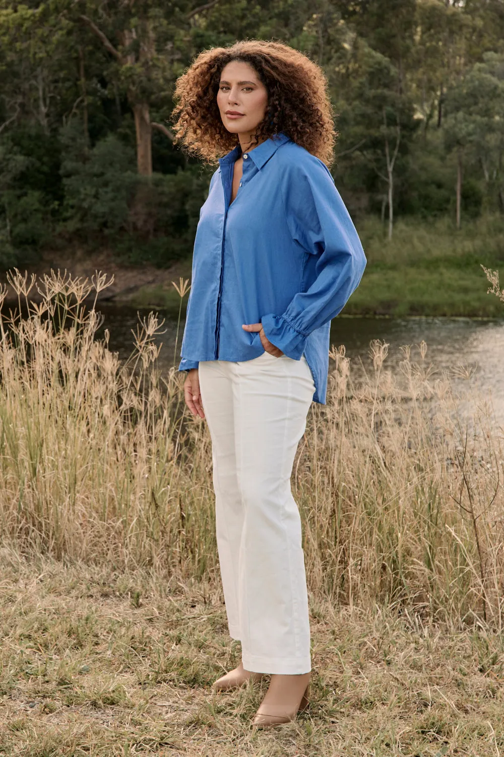 Ebony Frill Cuff Top in Yale Blue Odor Resistant Treatment