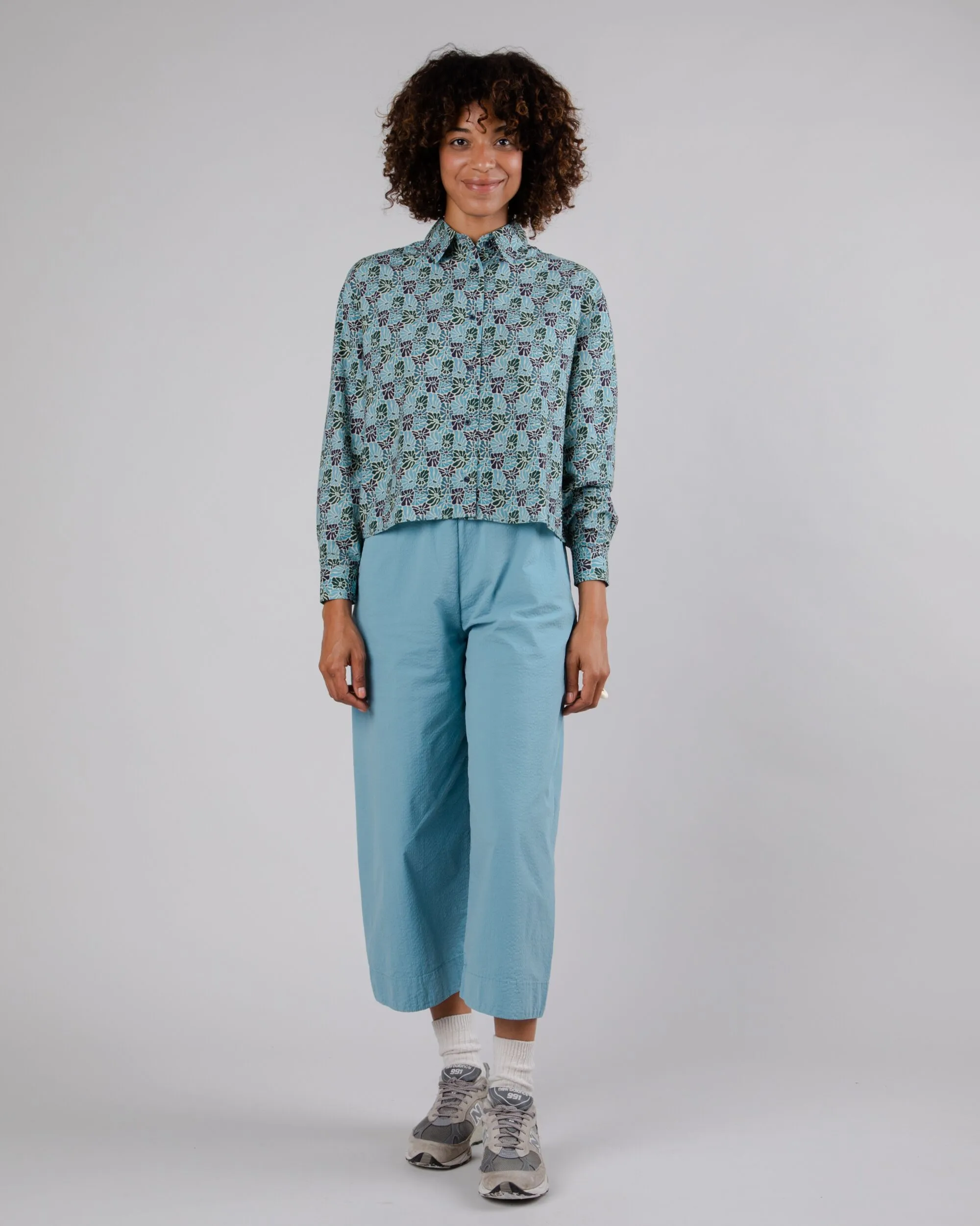 Spring Boxy Blouse Blue Stretchable Knit Chilly Comfort