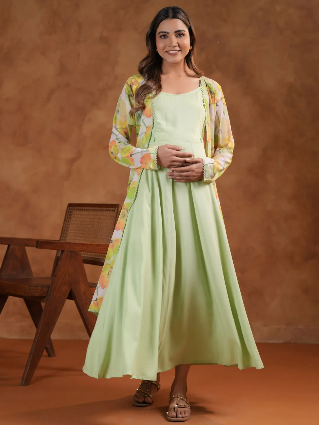 Women's Green Maternity Dress with Cape Jacket Soft color