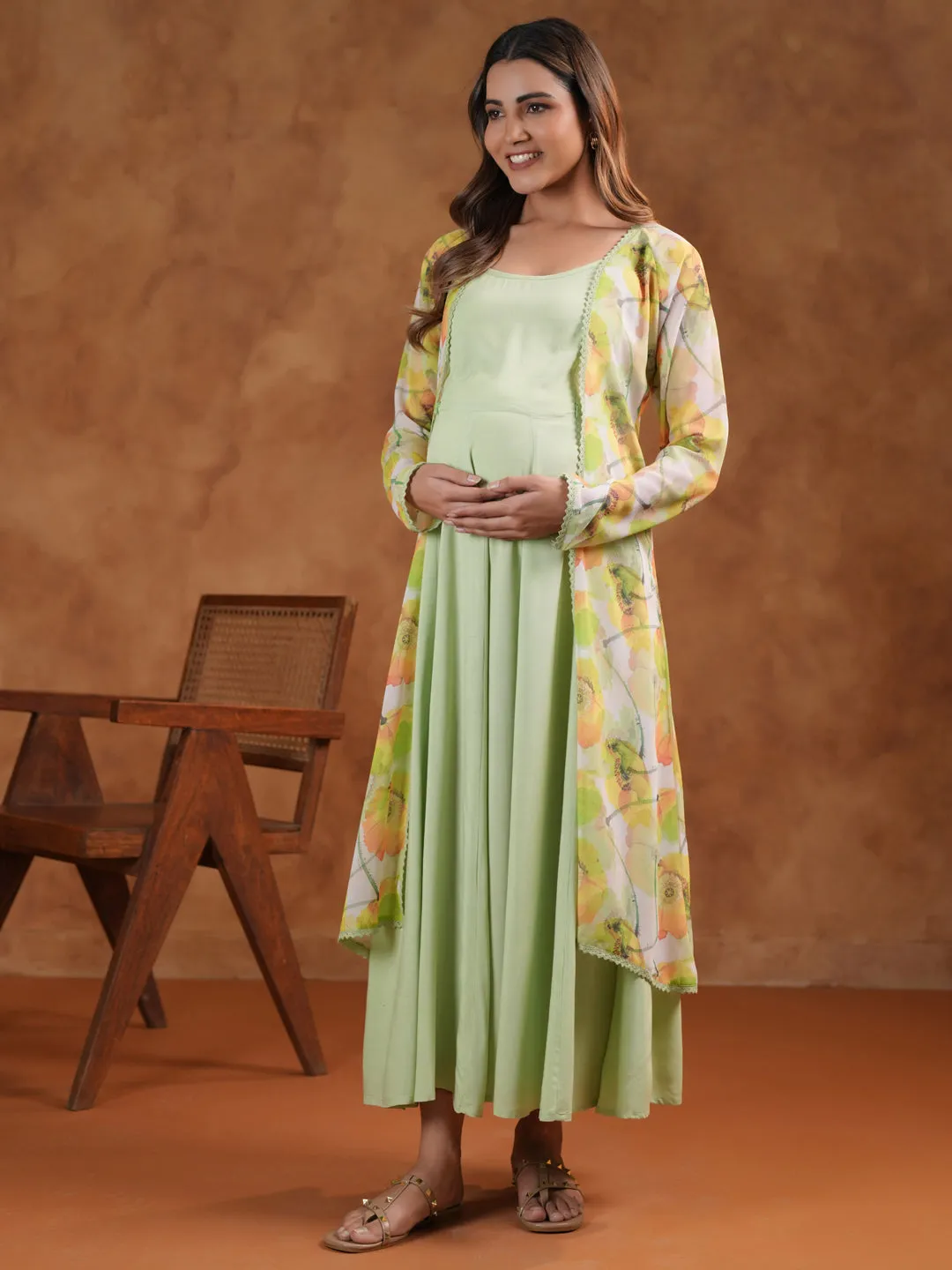 Women's Green Maternity Dress with Cape Jacket Effortless Touch Jewel Tones