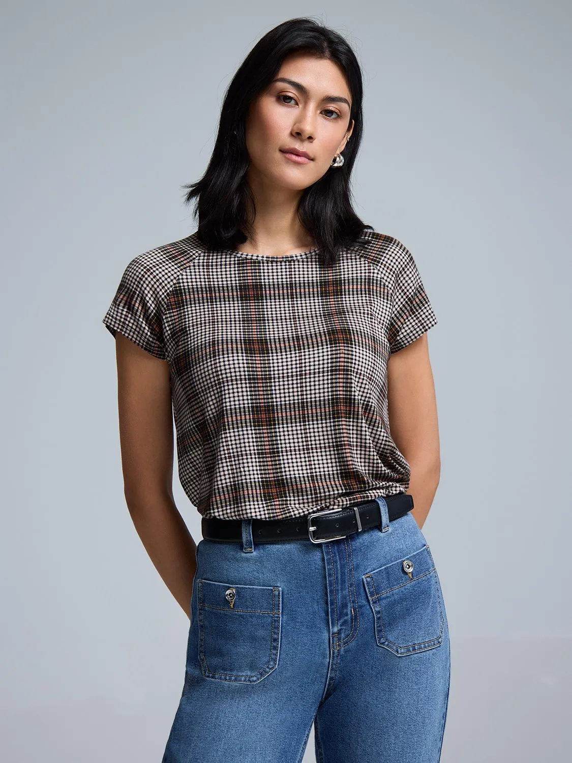 Daily Trend Short Raglan Sleeve Plaid T-Shirt