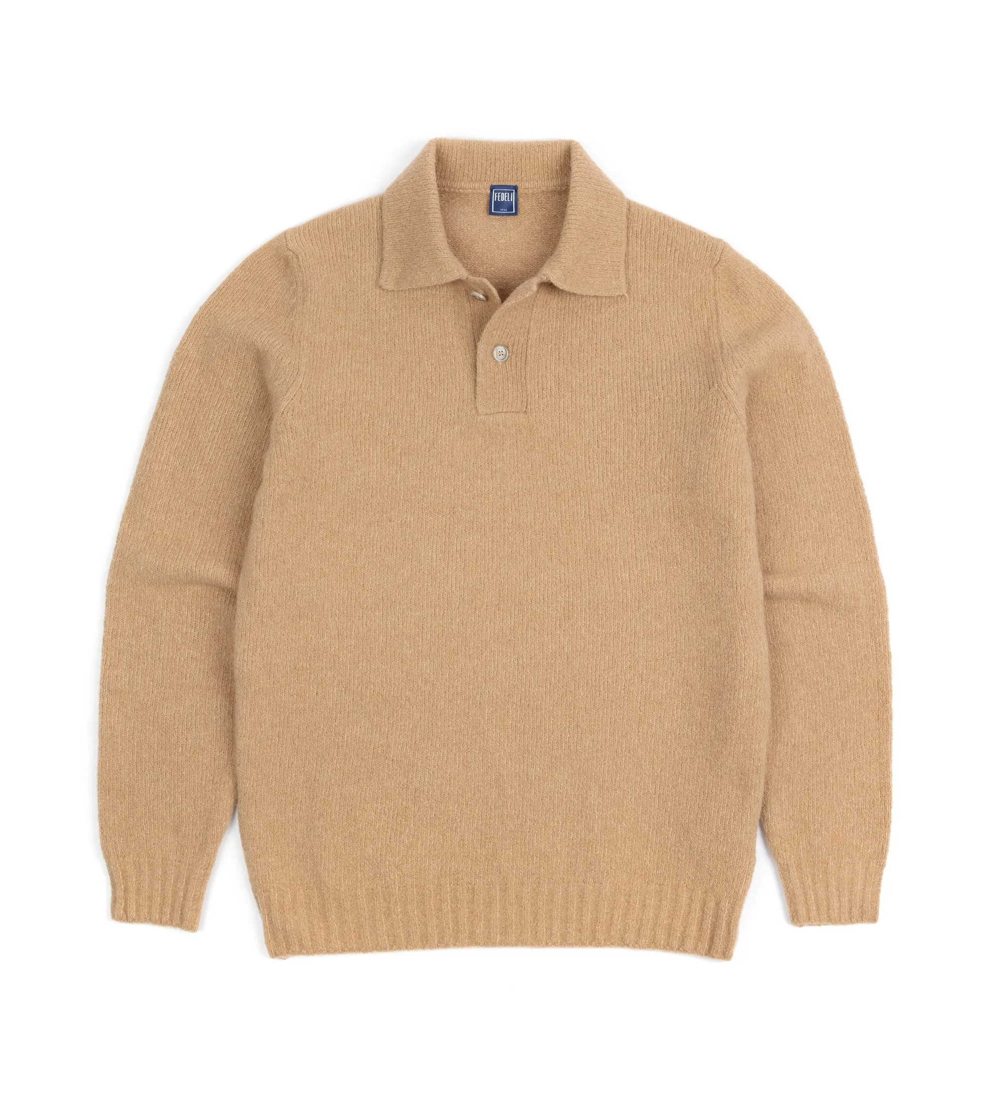 King Mode Zen Glow Fedeli Basket Wool Cashmere Mix Long Sleeve Knit Polo Shirt: Tan