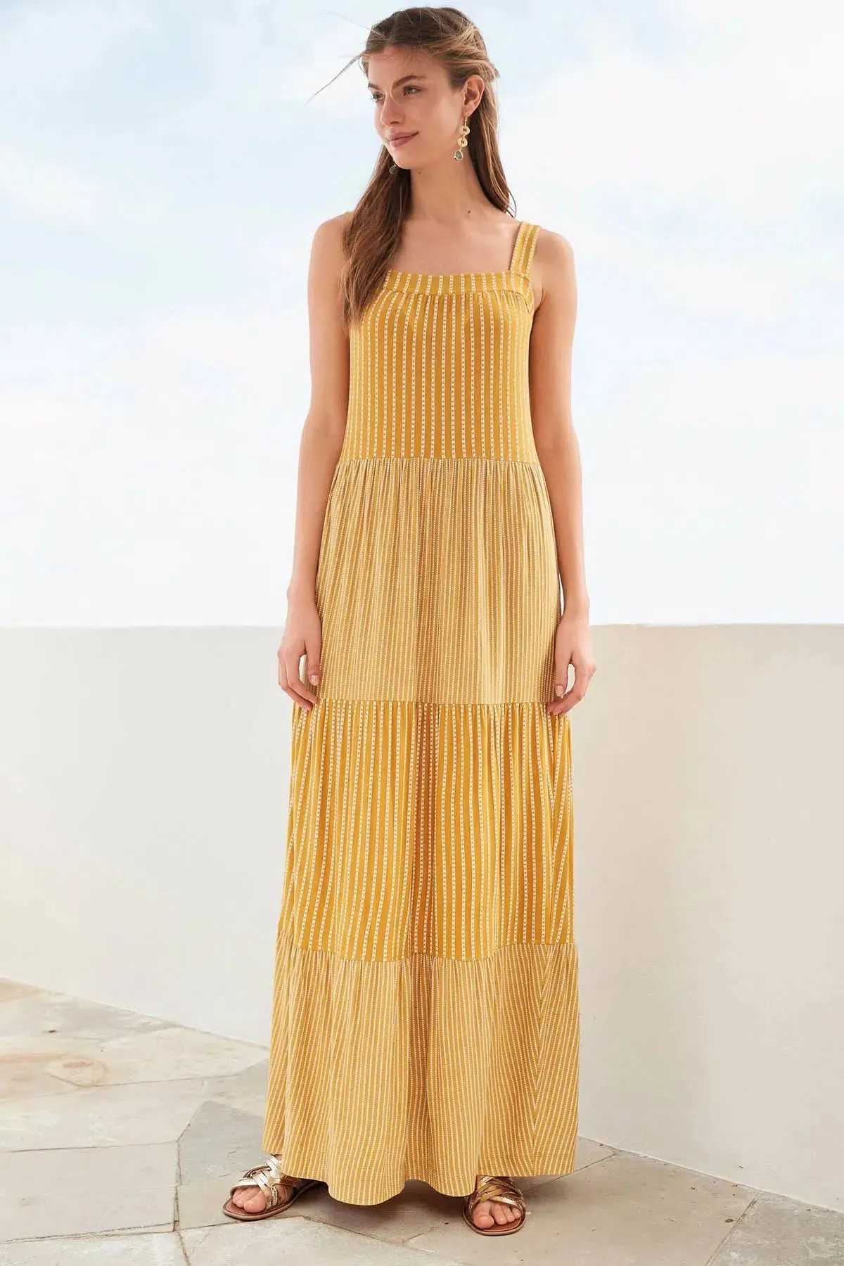 Texture Rich Flattering Silhouette Wear Ochre Tiered Maxi Dress