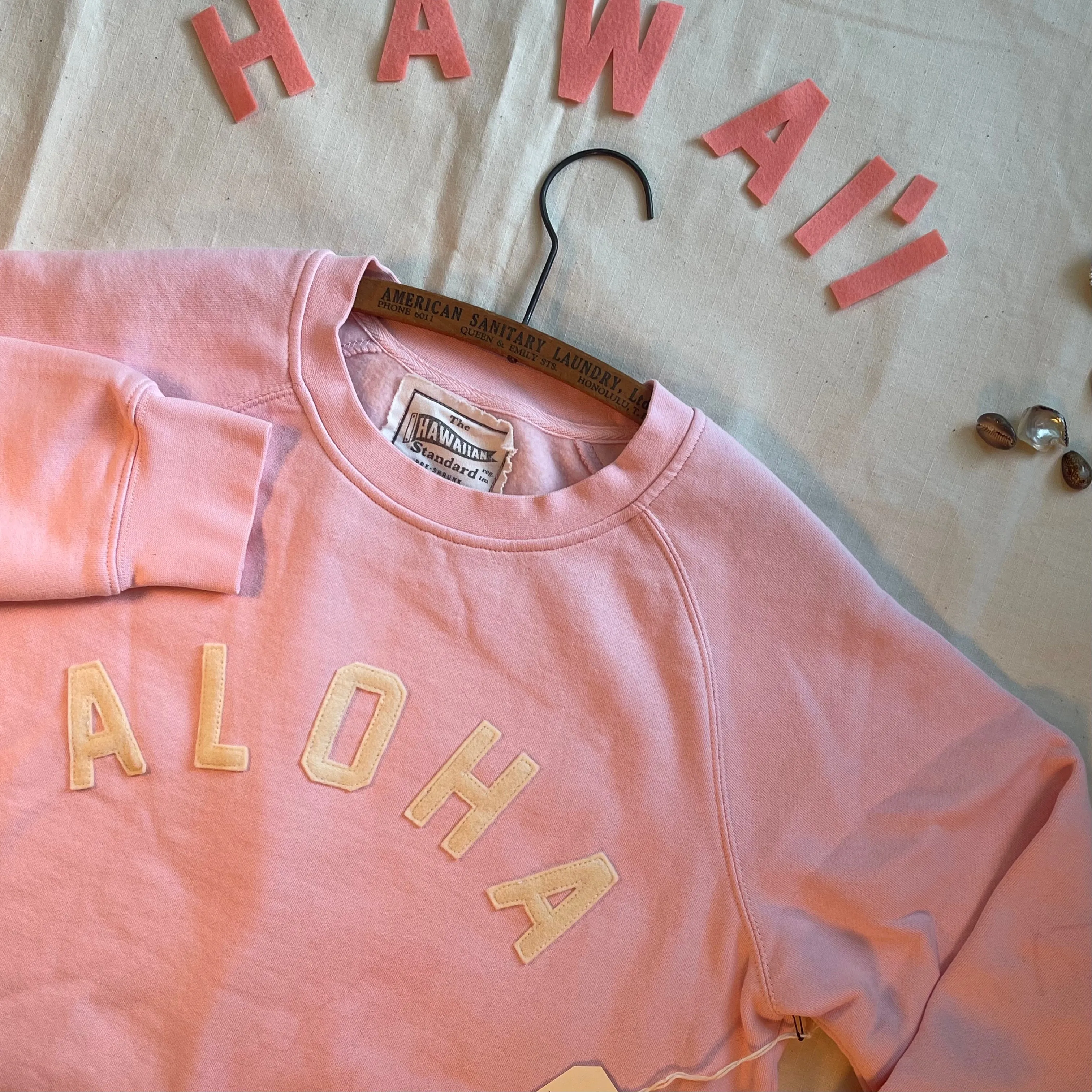 design trend Mens Raglan Fleece Light Pink x Ivory ALOHA Applique