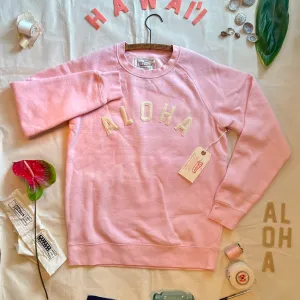 Mens Raglan Fleece Light Pink x Ivory ALOHA Applique Warm Layers Lounge Comfort