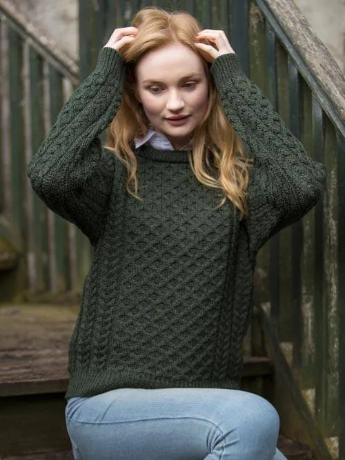 Cable knit Crewneck Jumper 100% Merino Wool (Moss Green) Night Out