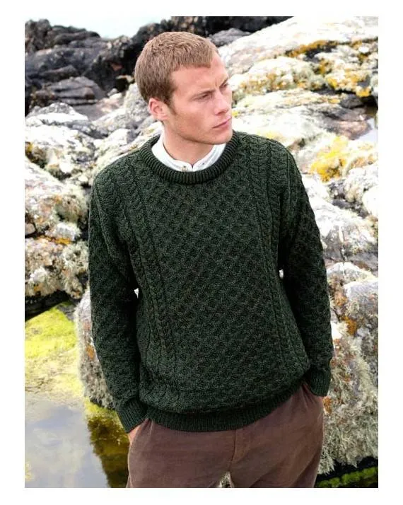Cable knit Crewneck Jumper 100% Merino Wool (Moss Green) Hiking Suitable High End