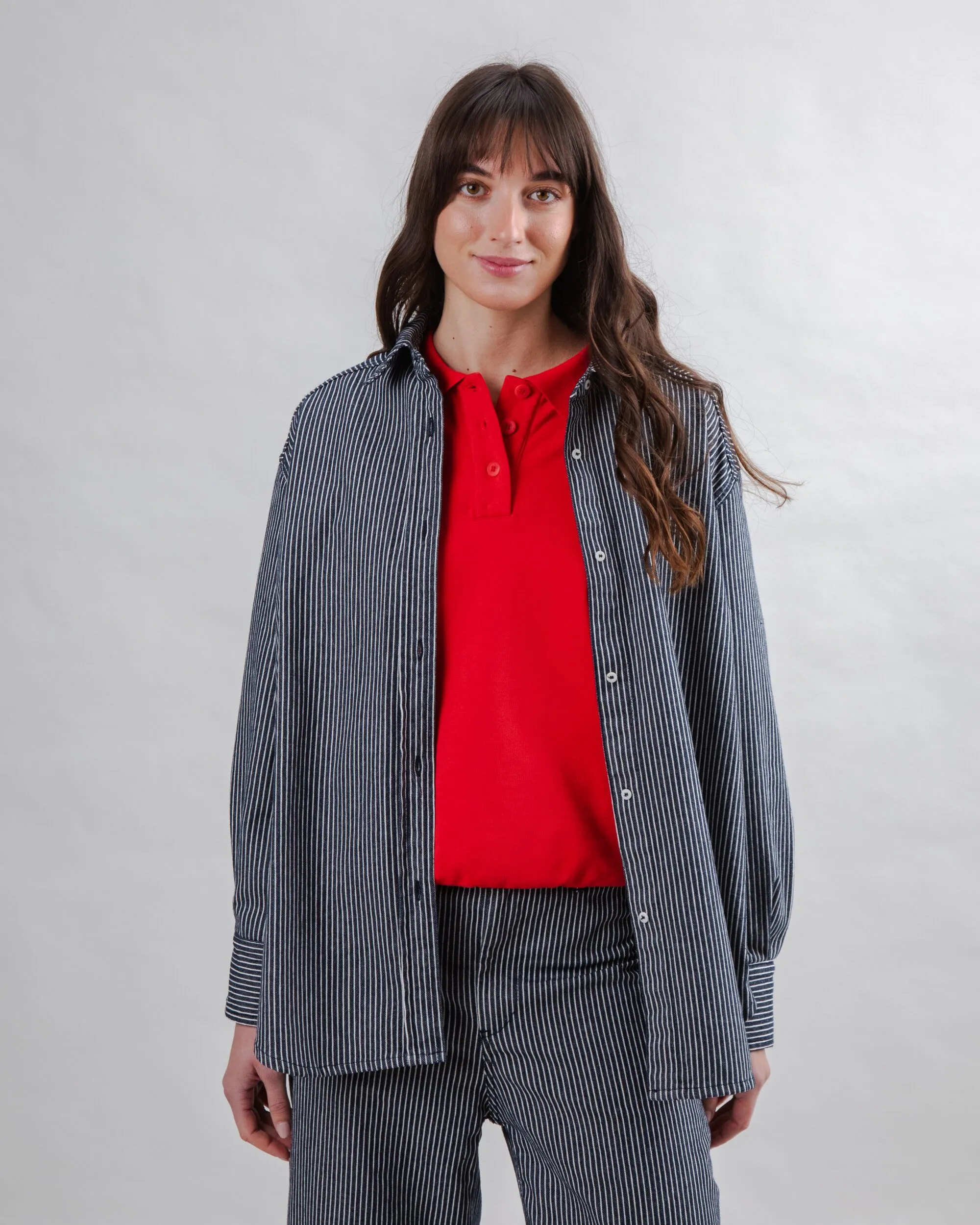 thermal Striped Denim Long Overshirt