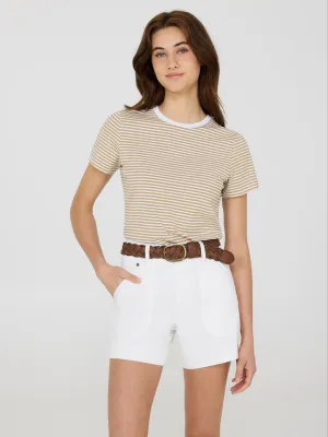 NoSideSeam Yarn Dyed Stripes Striped Short Sleeve Crew Neck T-Shirt