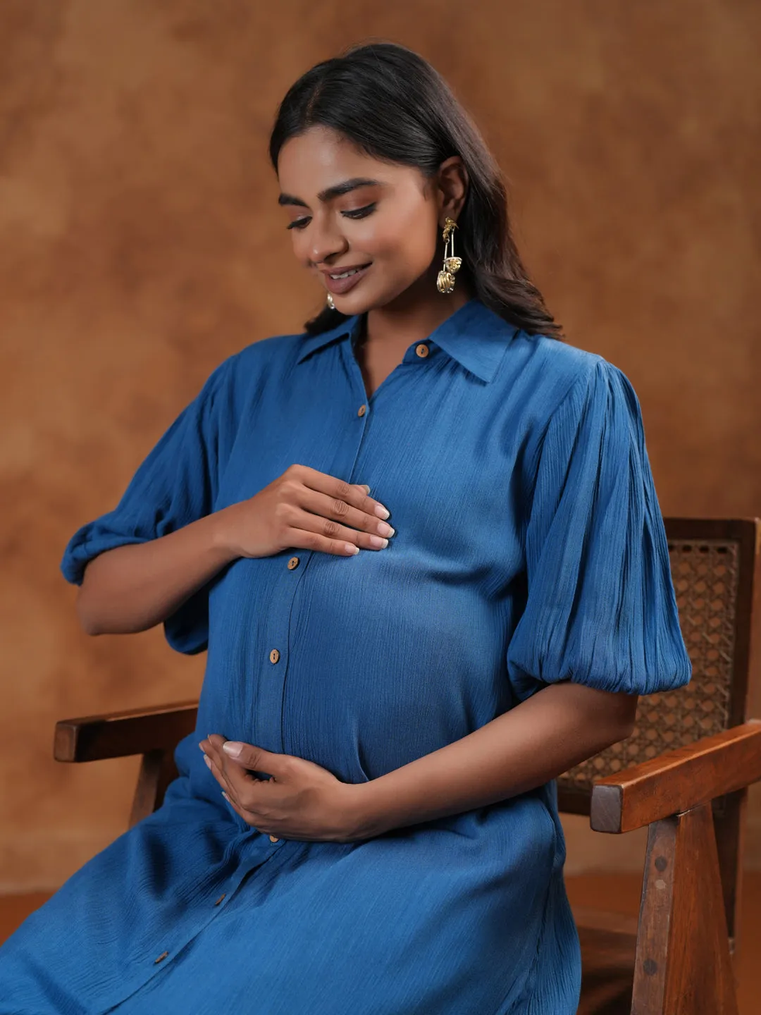 Women's Blue Maternity Dress Off-Shoulder
