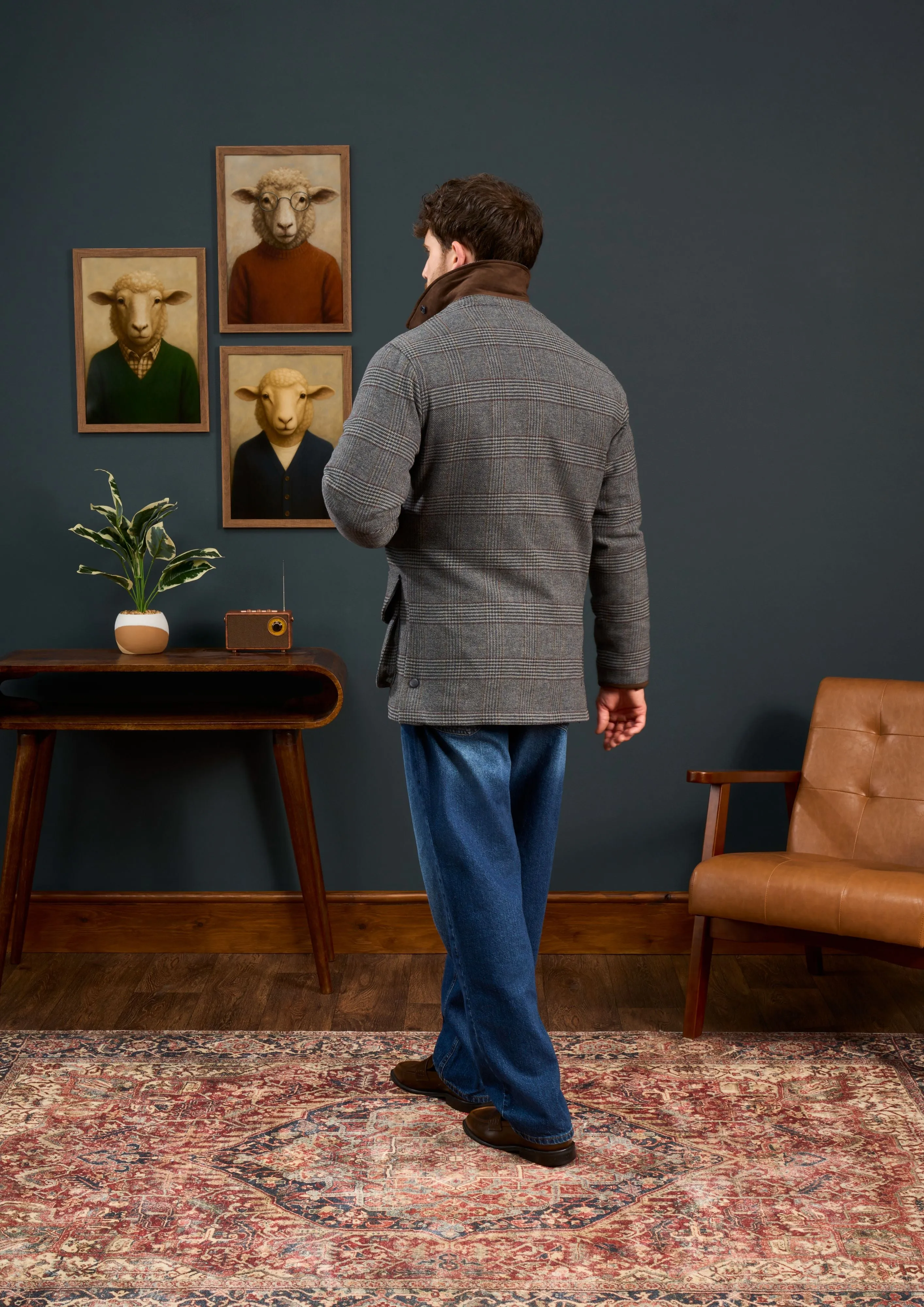 Mid Length Quilted Interior Layer Surrey Waterproof Tweed Coat In Blue Check - Shooting Fit