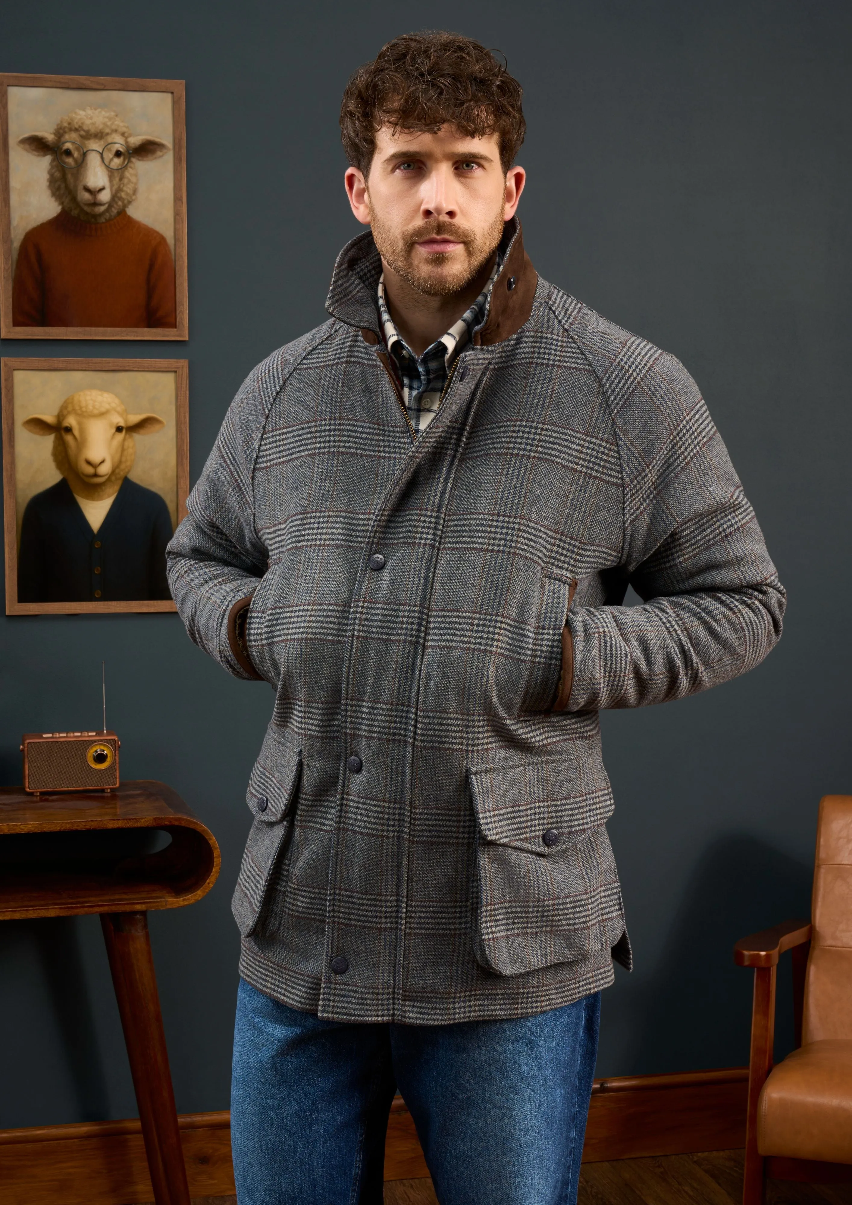 Surrey Waterproof Tweed Coat In Blue Check - Shooting Fit Soft Comfort Design