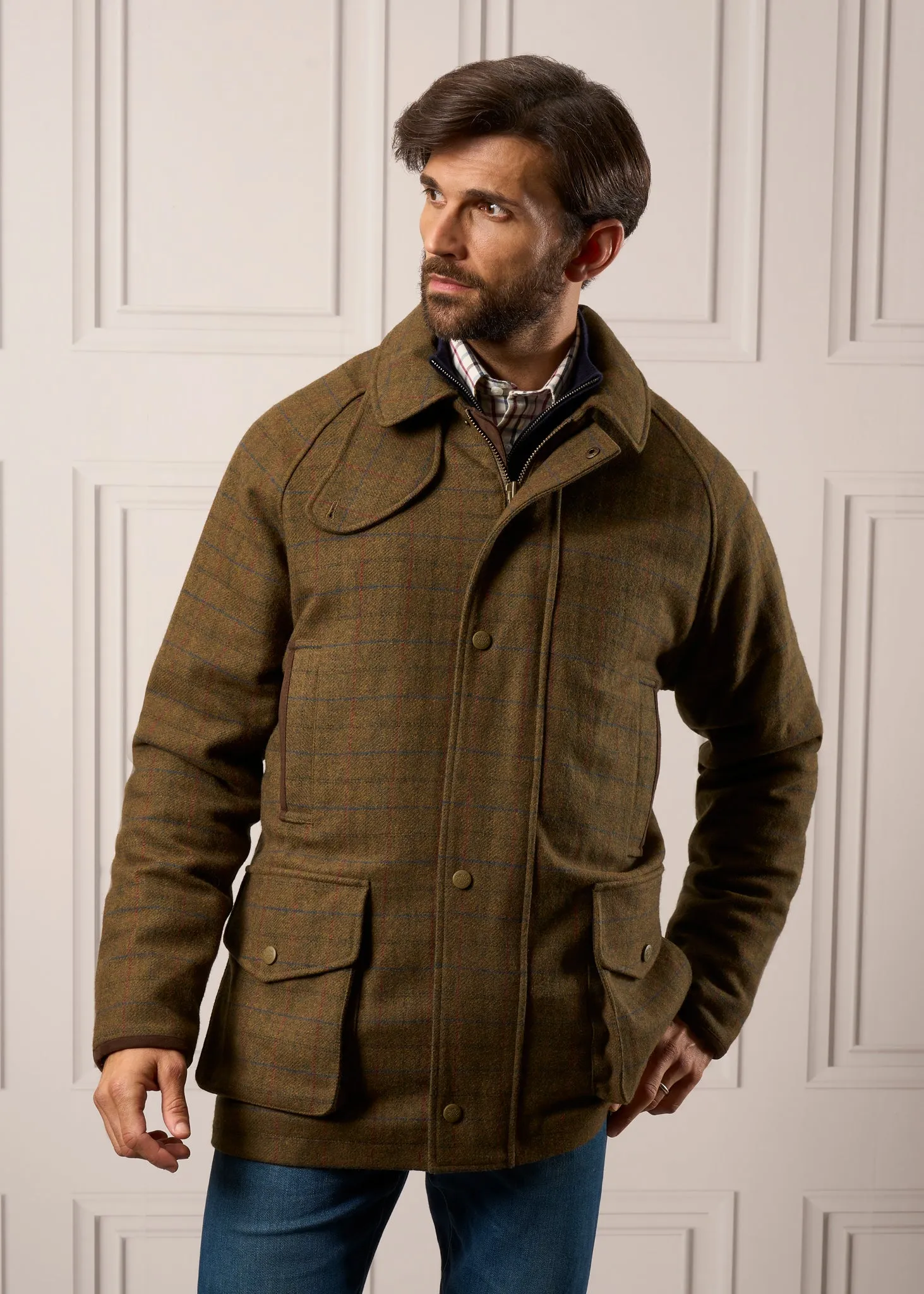 Surrey Waterproof Tweed Coat In Moor - Shooting Fit Flexible Layer Fit Magnetic Fastenings