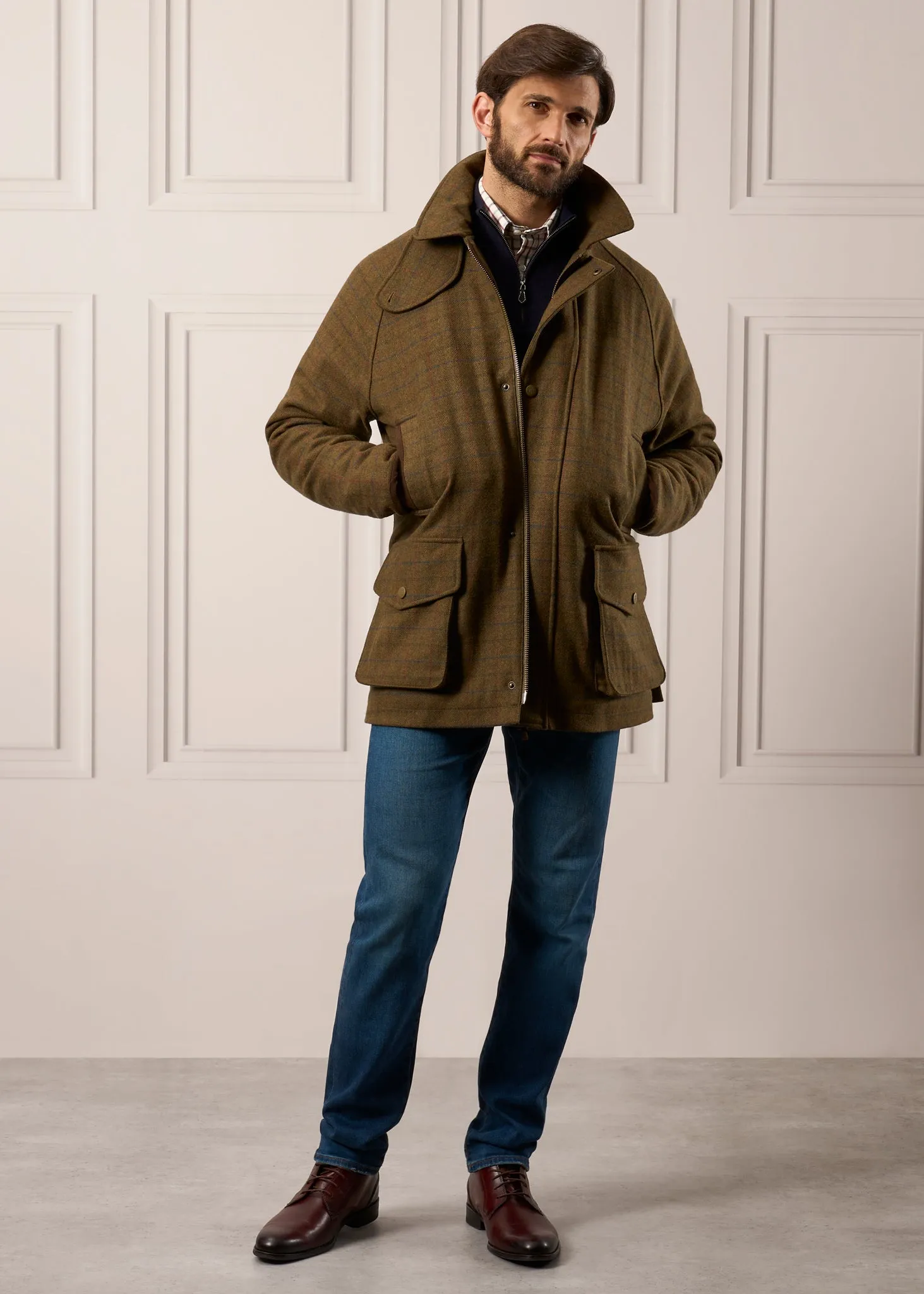 Surrey Waterproof Tweed Coat In Moor - Shooting Fit Heat Sealed Seams