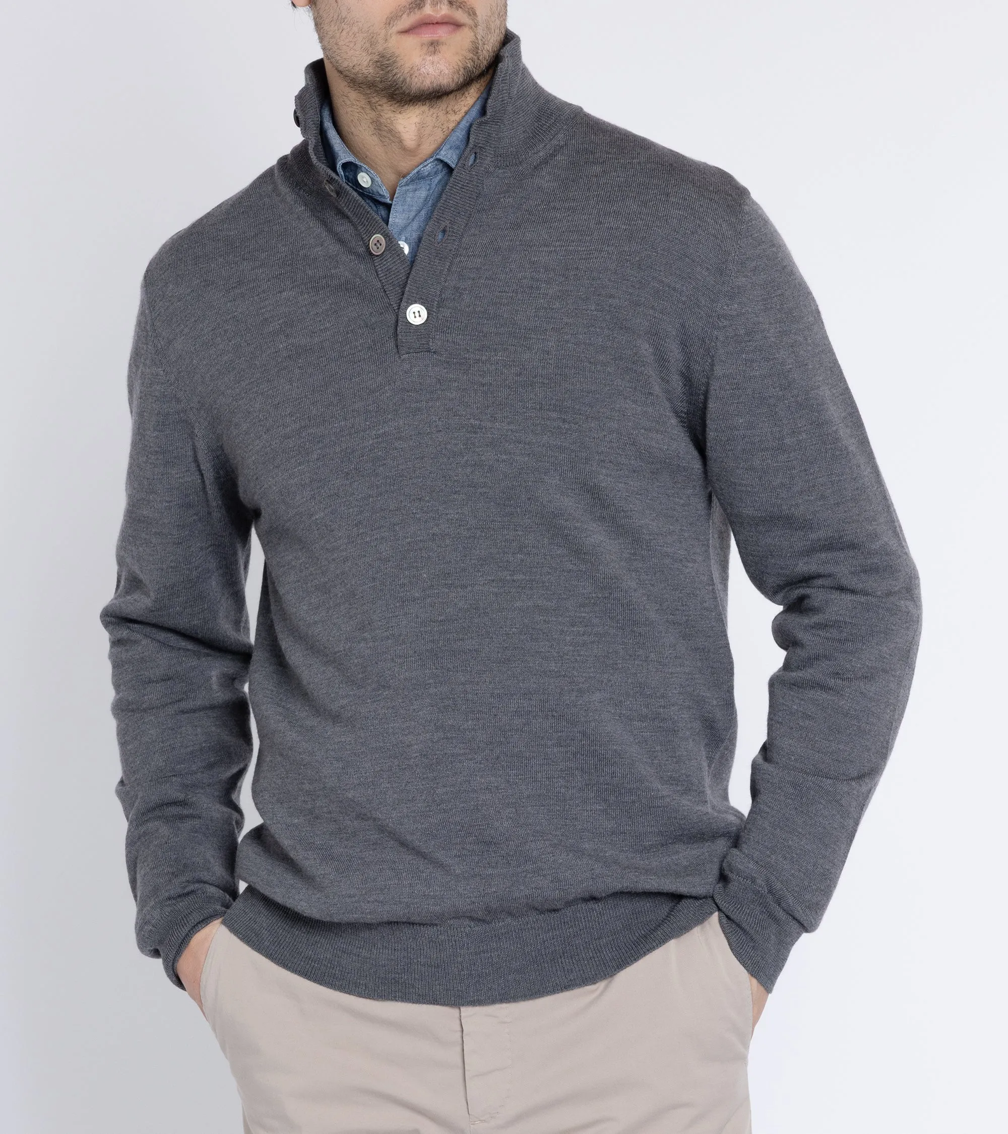 Fantasy Glow Trunk Bennet Merino Button Neck Sweater: Grey