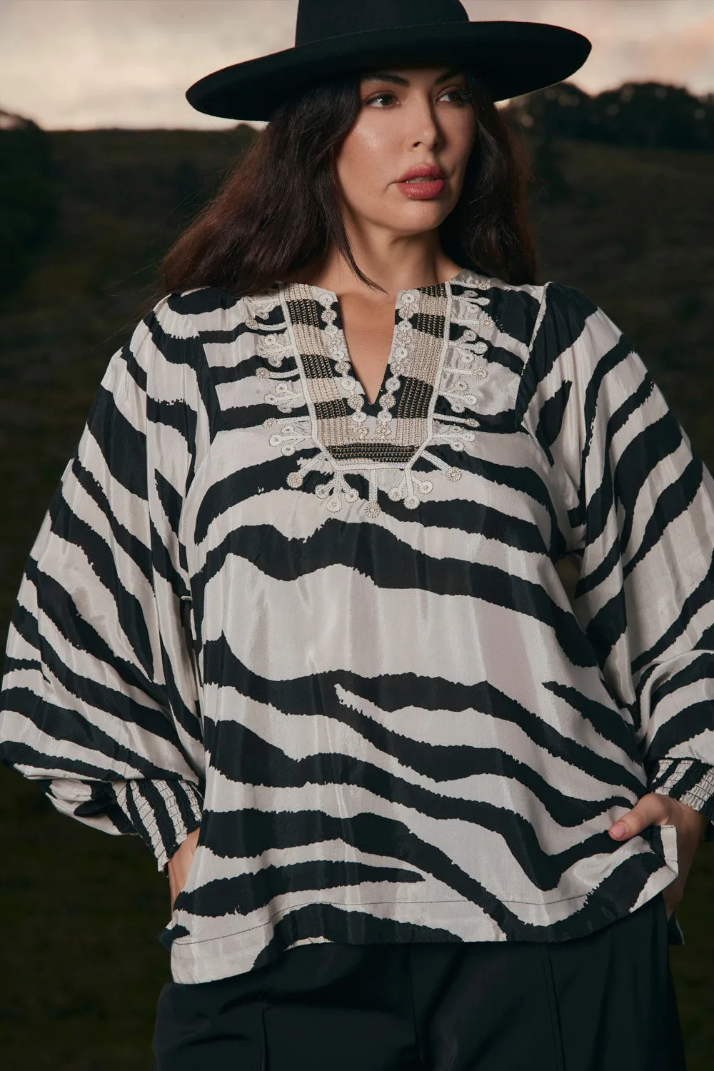 Animal Print Stylish Layer Look Sylvie Embroidered Top in Bengal