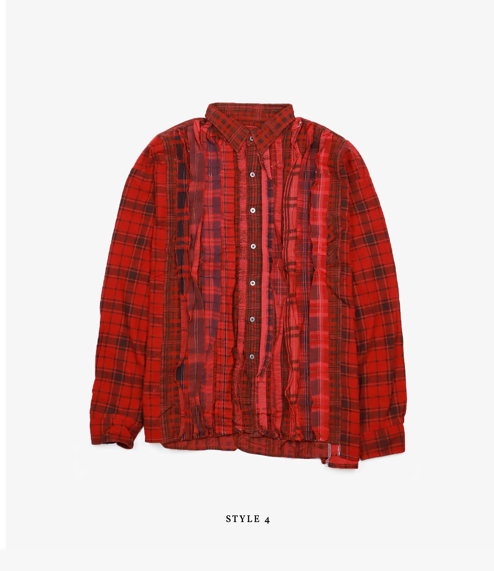 Wide Ribbon Shirt ?C Red Overdyed Flannel Distressed Hem Finish Easy-to-Style Top