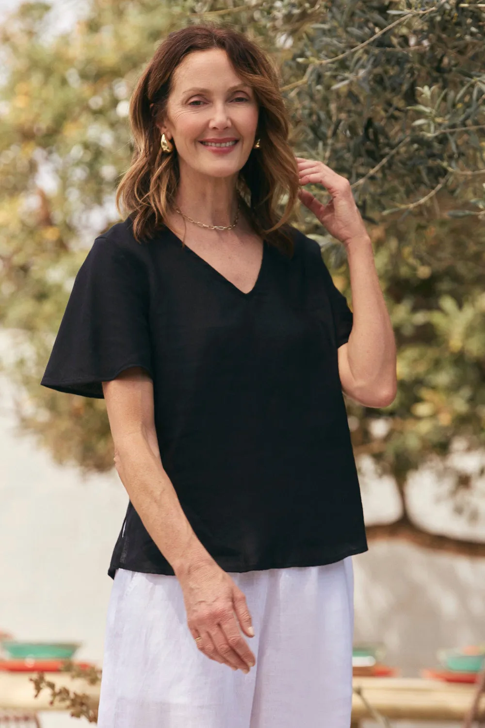 Tamara Flutter Sleeve Linen Top in Black Thermoregulating Fabric Cozy Essentials