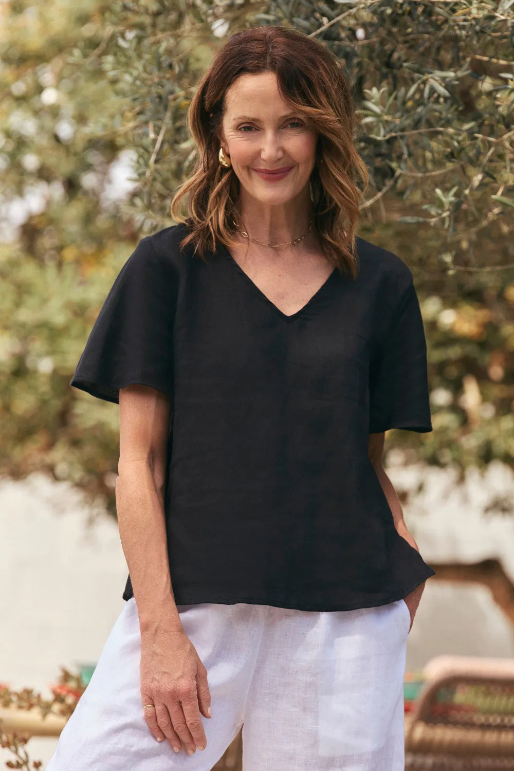 Tamara Flutter Sleeve Linen Top in Black suitable for all genders