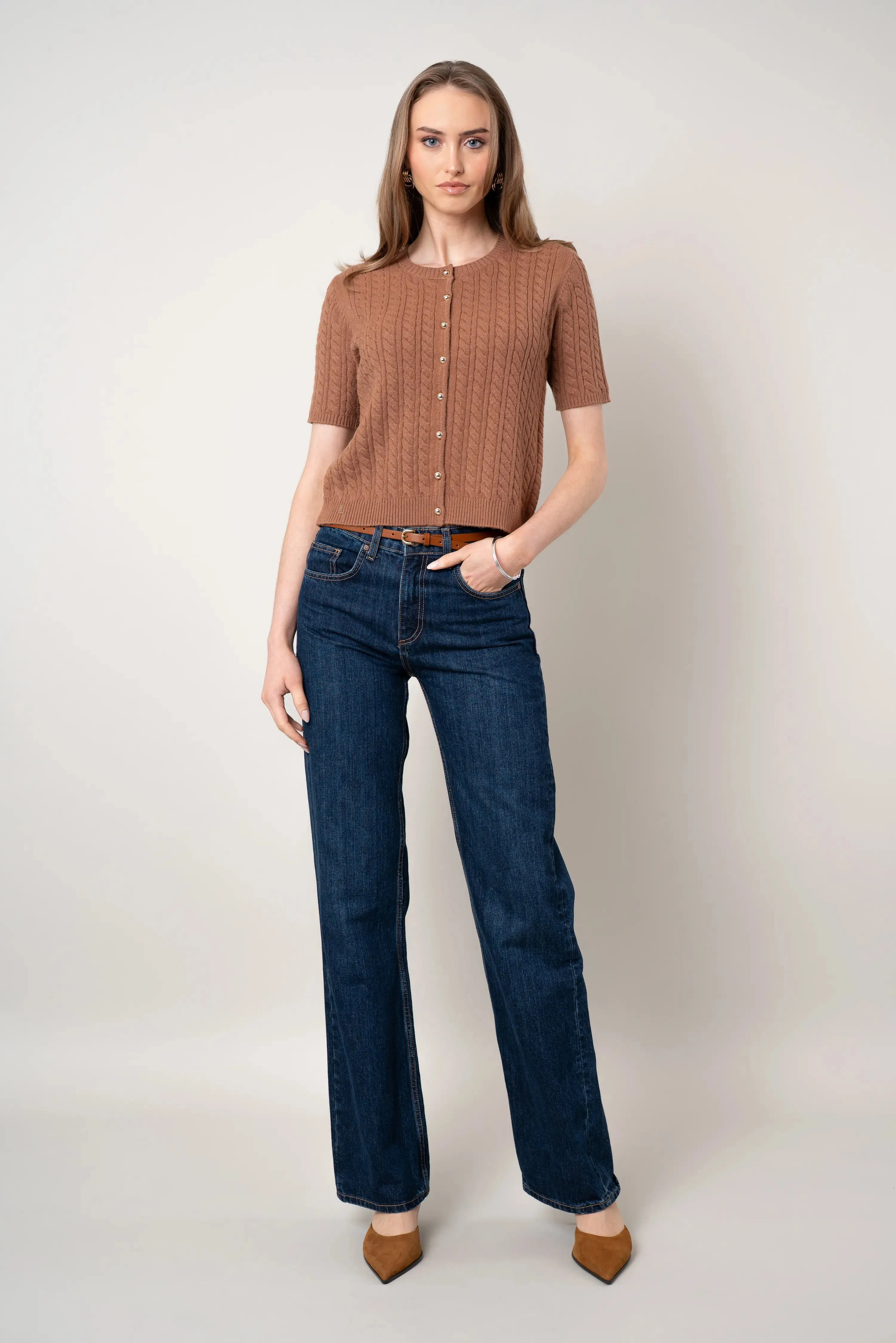 The Cable Short-Sleeve Cardigan Lake Mood Free Shape