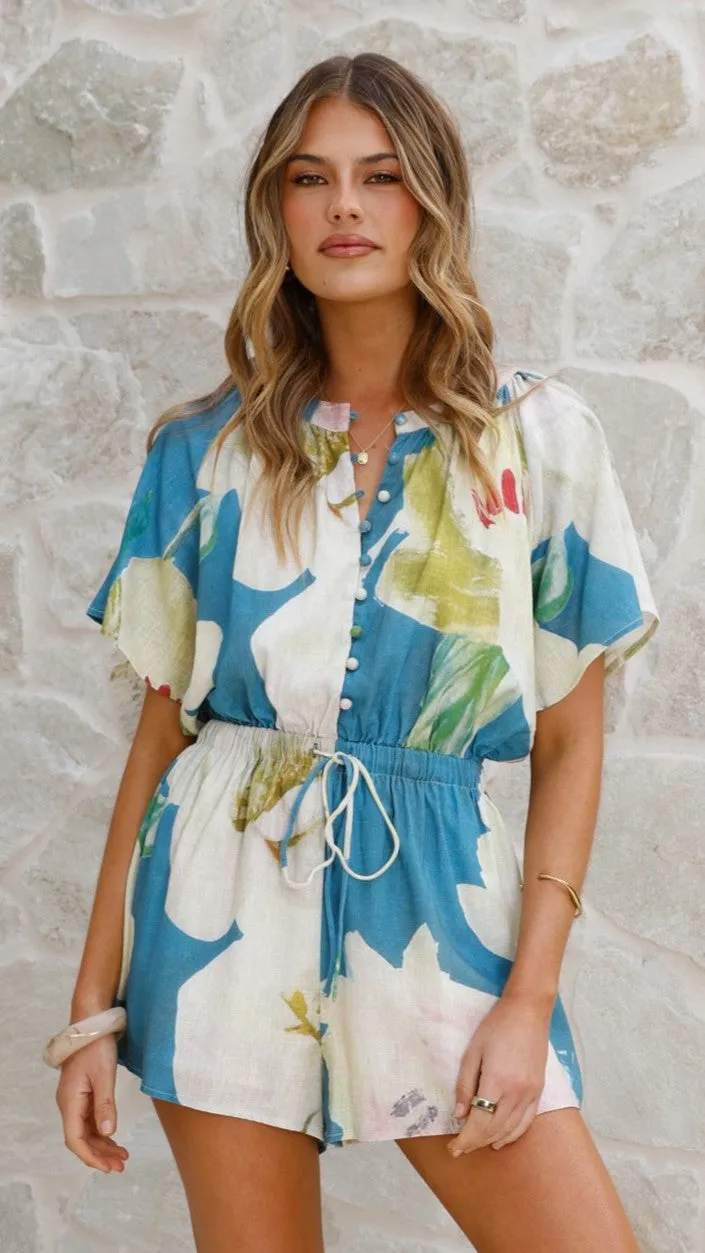 Quiet Luxury Santorini Playsuit - Blue Orchid