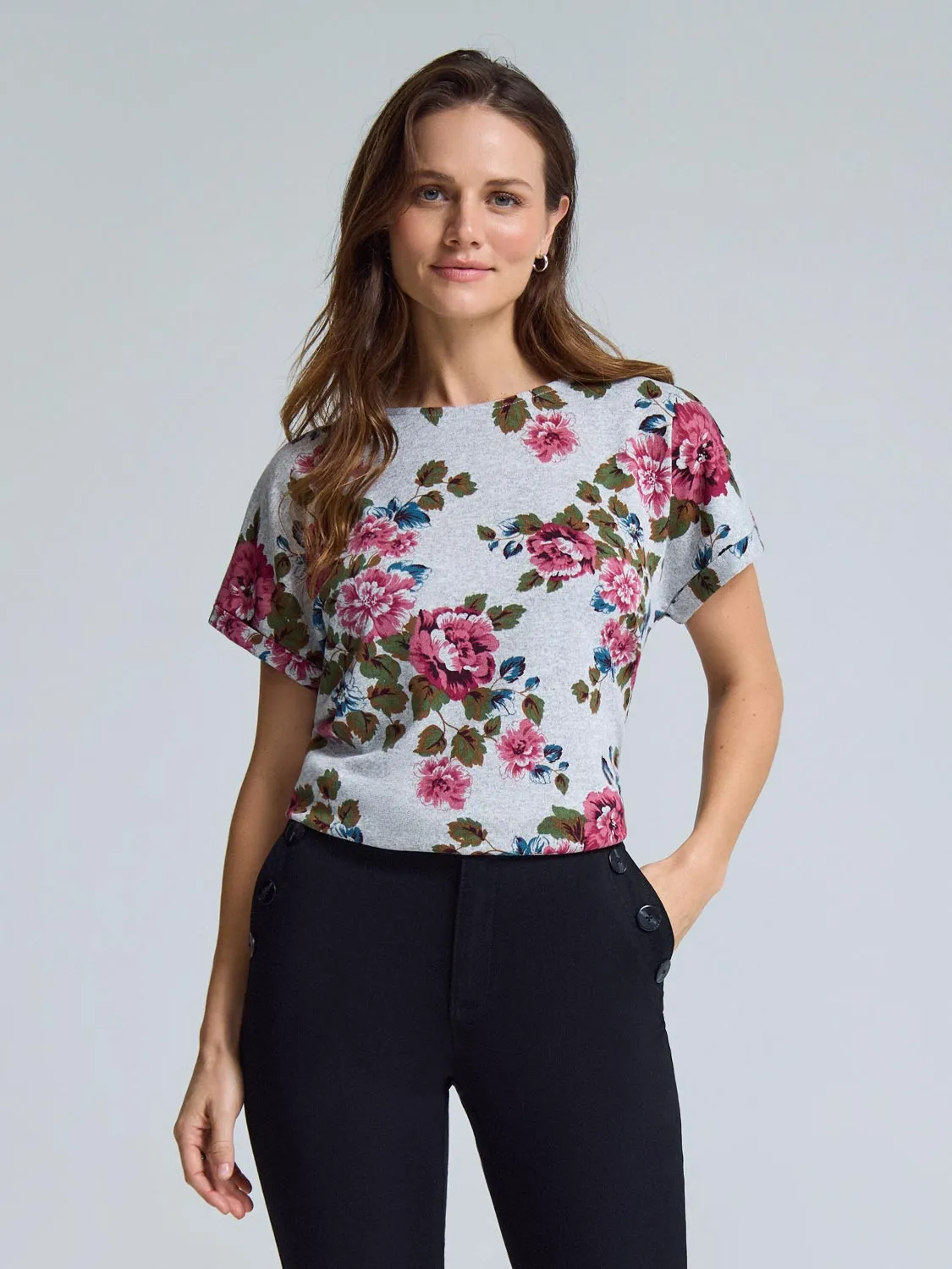 Cuffed Sleeve Floral Top Trendy Basics