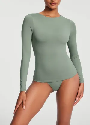 Crew Neck Long Sleeve Top Raw Edge Hem Slim Waistband