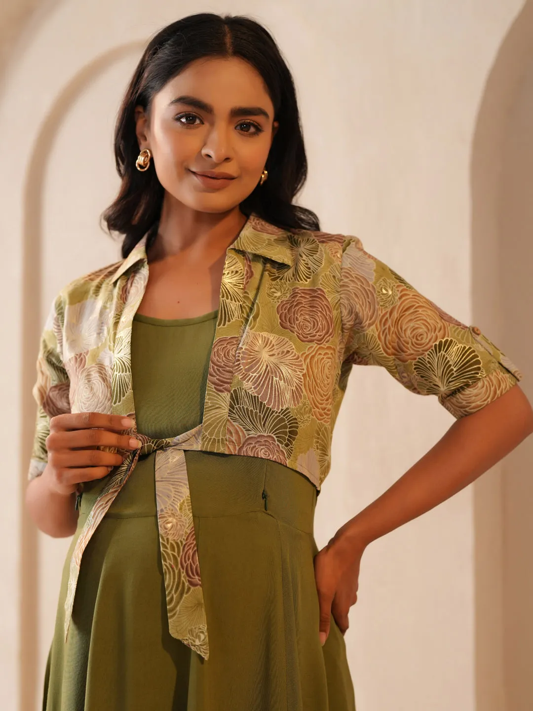 Women's Green Cotton Maternity Dress Texture Blend Delicate Mood