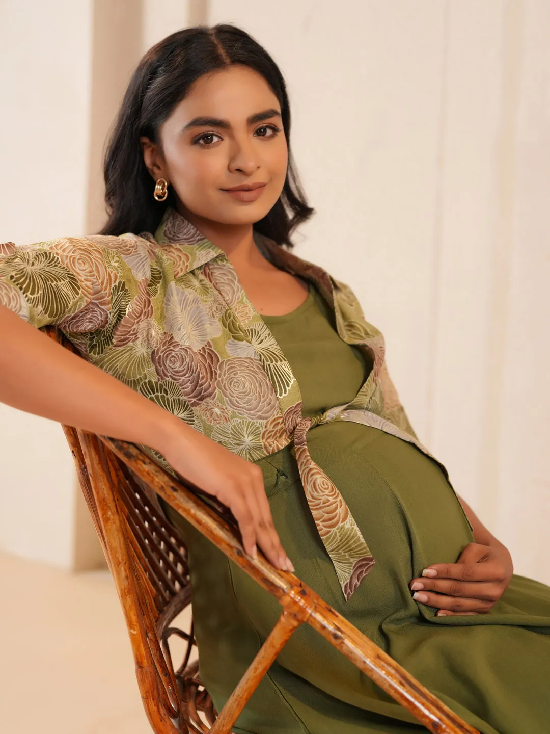 Women's Green Cotton Maternity Dress Soft Gradient Trendy Piece