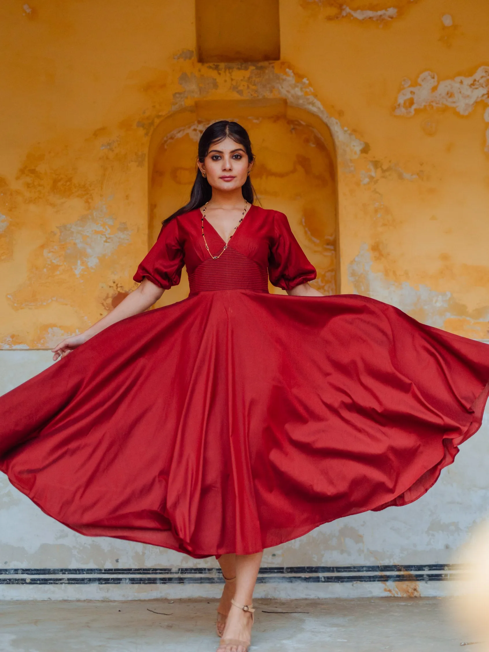 Women's Maroon Printed Tier Dress Everyday Comfort Wear