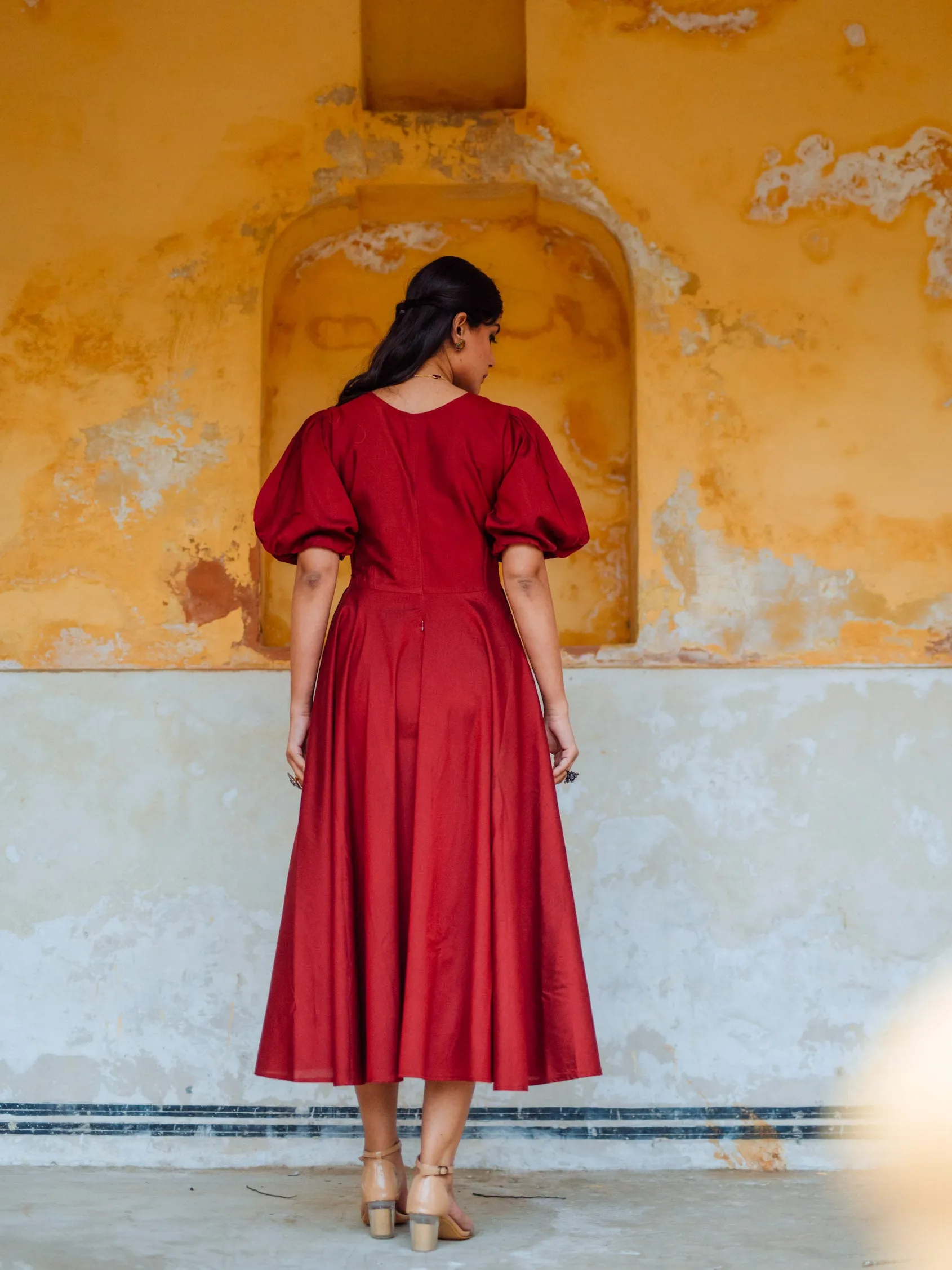 Women's Maroon Printed Tier Dress Cozy Layers