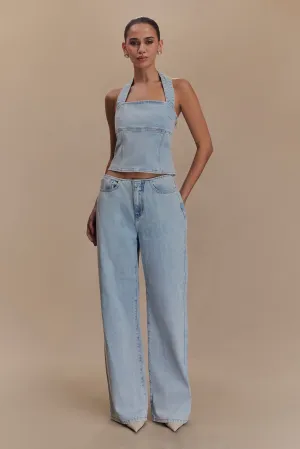 Relaxed Design Style Street Inspired Caitlin Mid Rise Denim Jeans - Light Blue