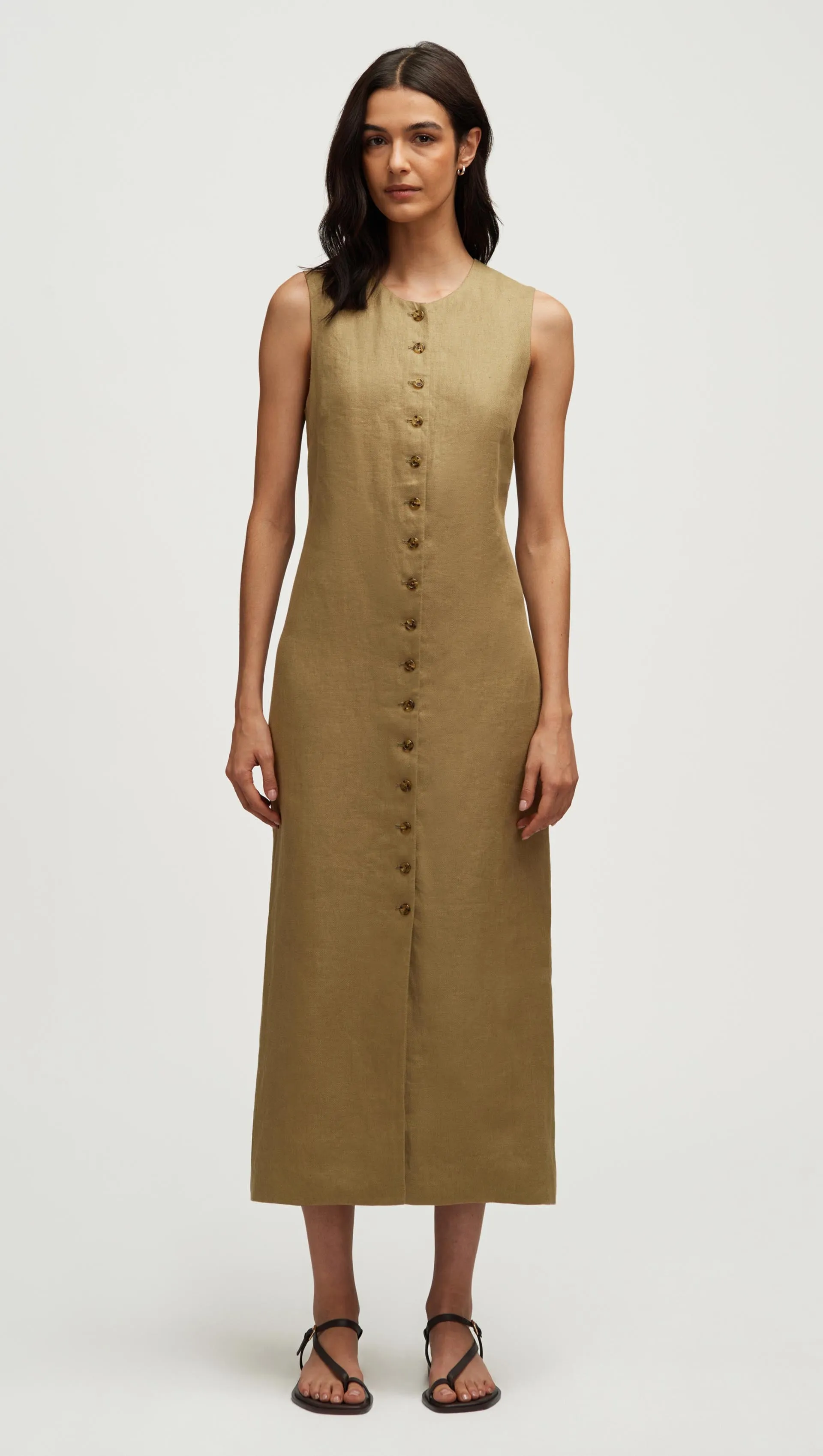 Comfortable Cut Button Dress in Basket Weave Linen | Fern