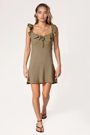 Linen effect short ruffle neck dress Texture Mood Comfy and Elegant
