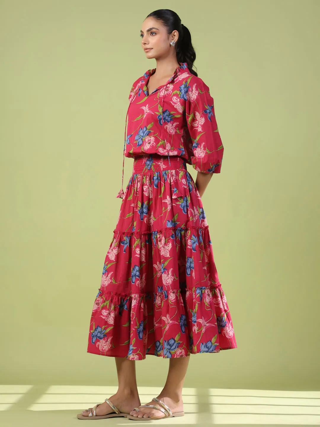 Women's Balloon Sleeves Tiered Flared Dress Sage Detail Satin Touch