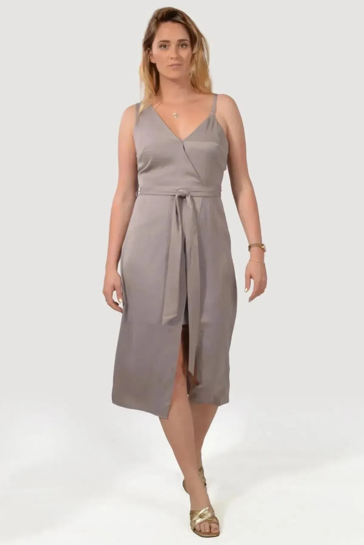 A Line Cut Mink Satin Wrap Midi Dress