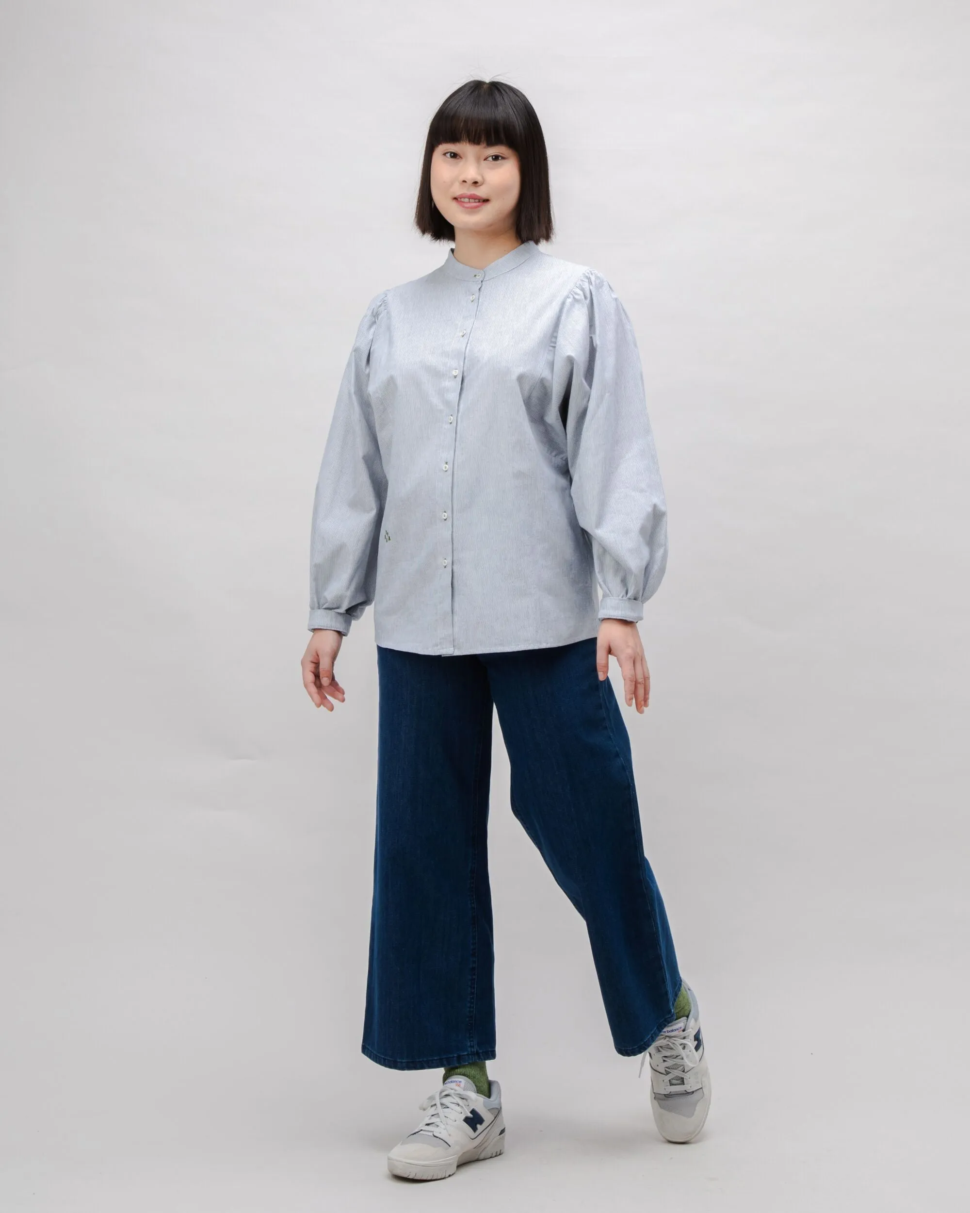 Light and Soft Pinstripes Romantic Cotton Blouse Indigo