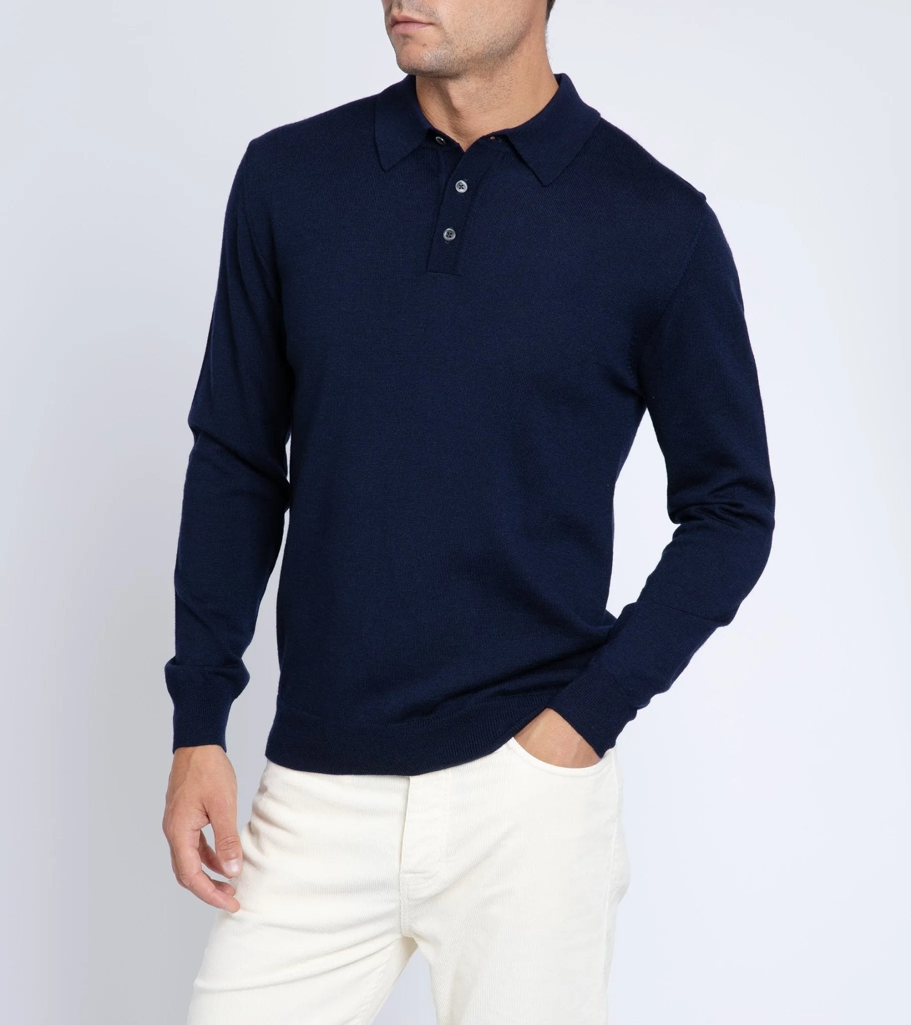 Trunk Enford Merino Knit Long Sleeve Polo Shirt: Navy ShapeRetentionCloth