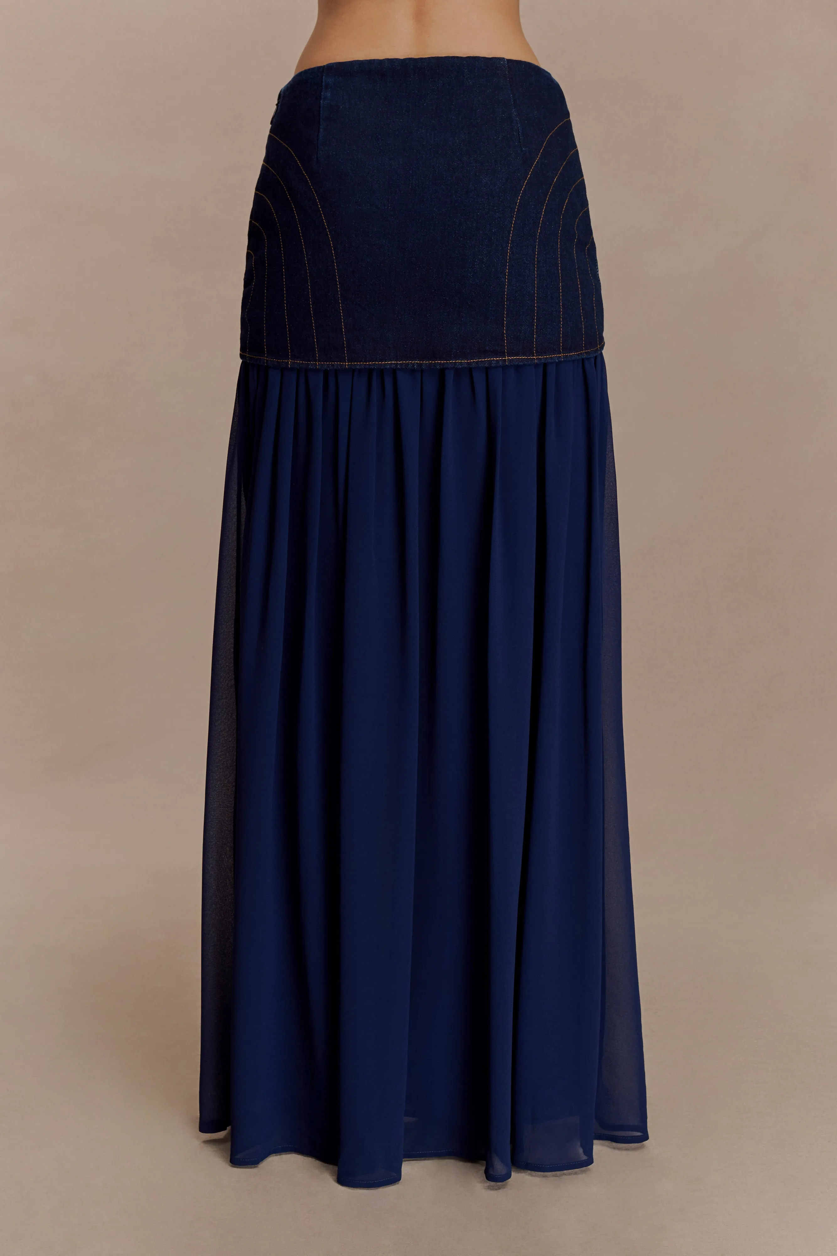 Tully Chiffon Denim Maxi Skirt - Indigo Blue Beach Day Breathable Riveted Stress Points