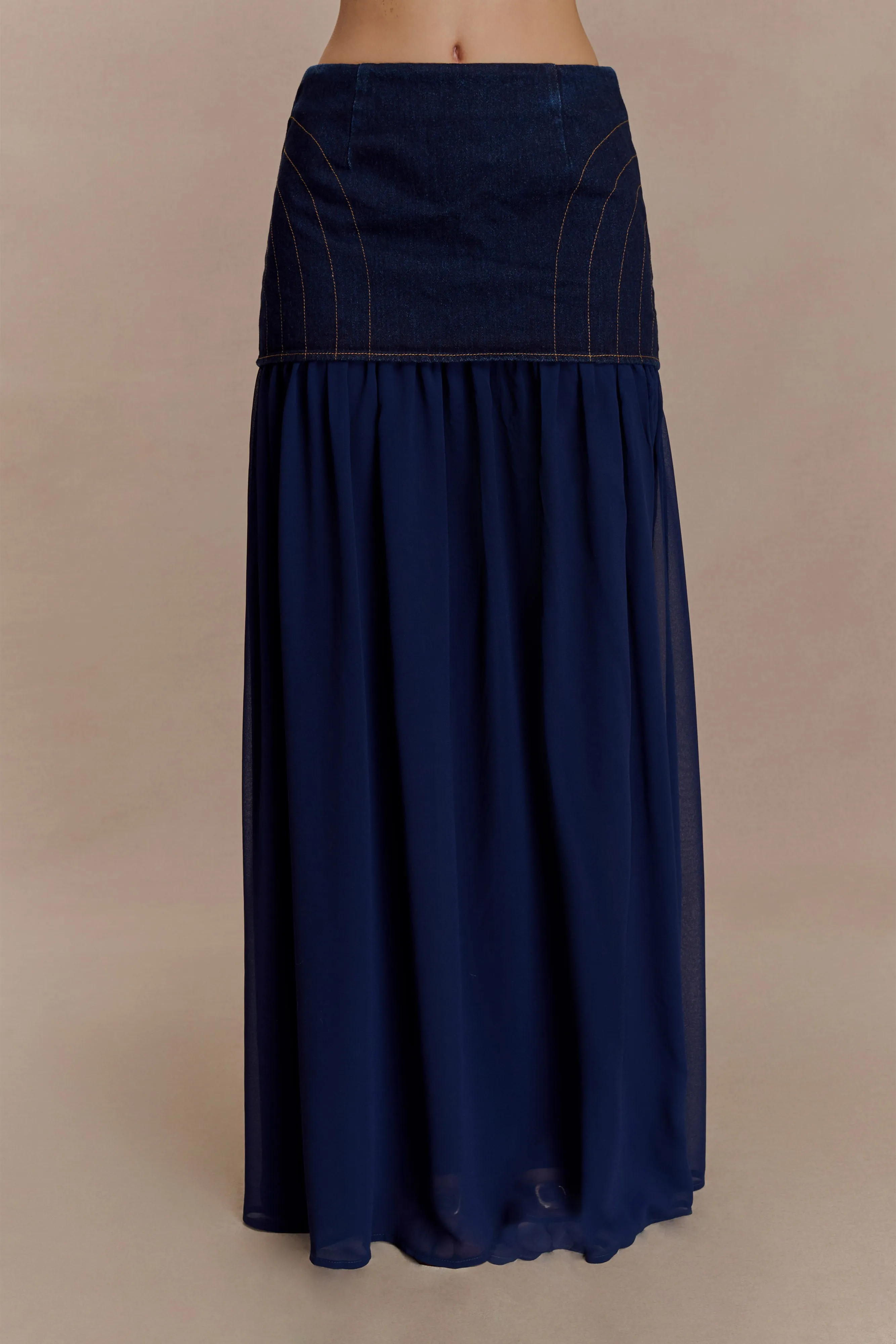 Tully Chiffon Denim Maxi Skirt - Indigo Blue Versatile Wear Durable Athlete Fit Travel Outfit