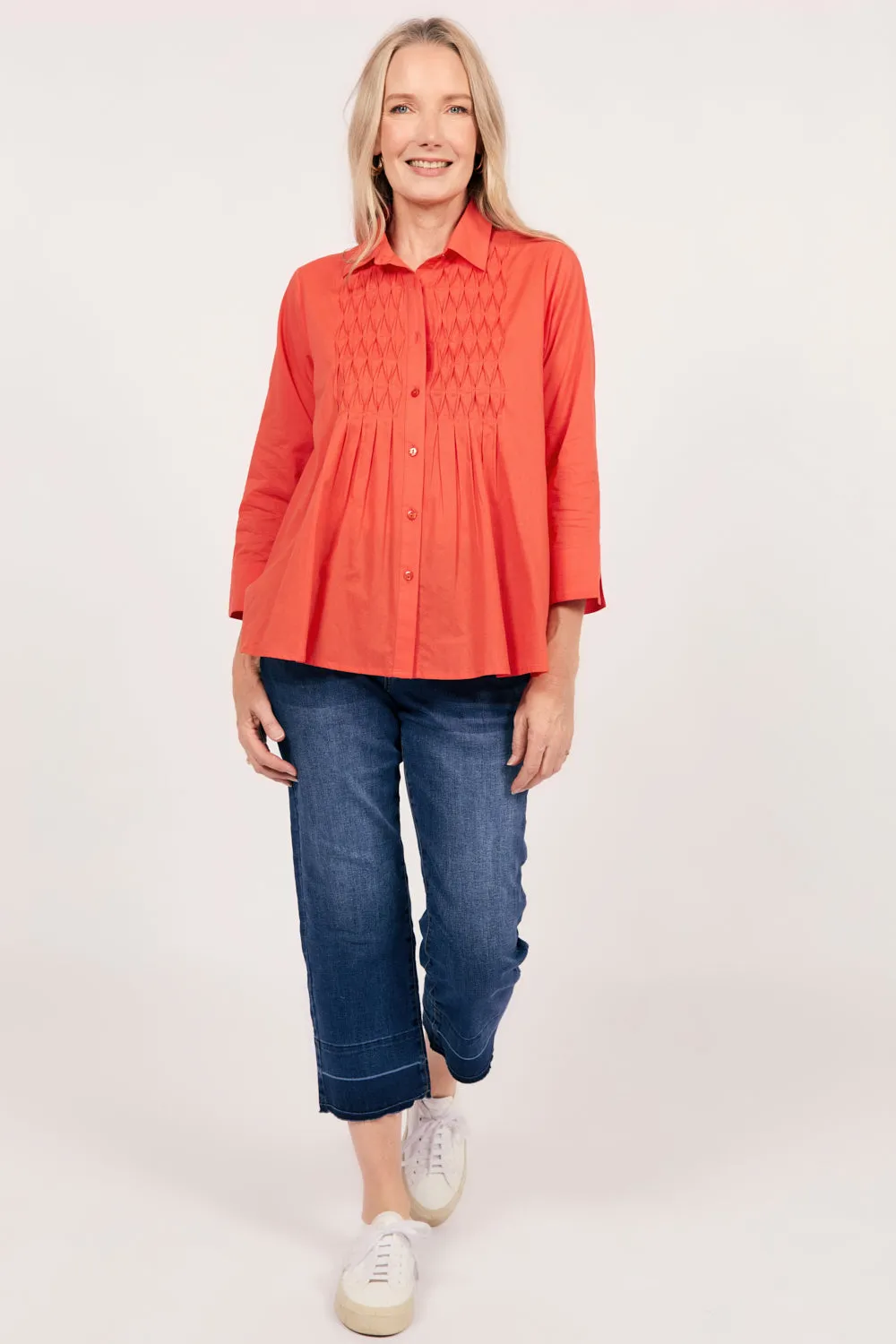 Light Outfit Light Stretch Vivienne Pintuck Blouse in Burnt Orange