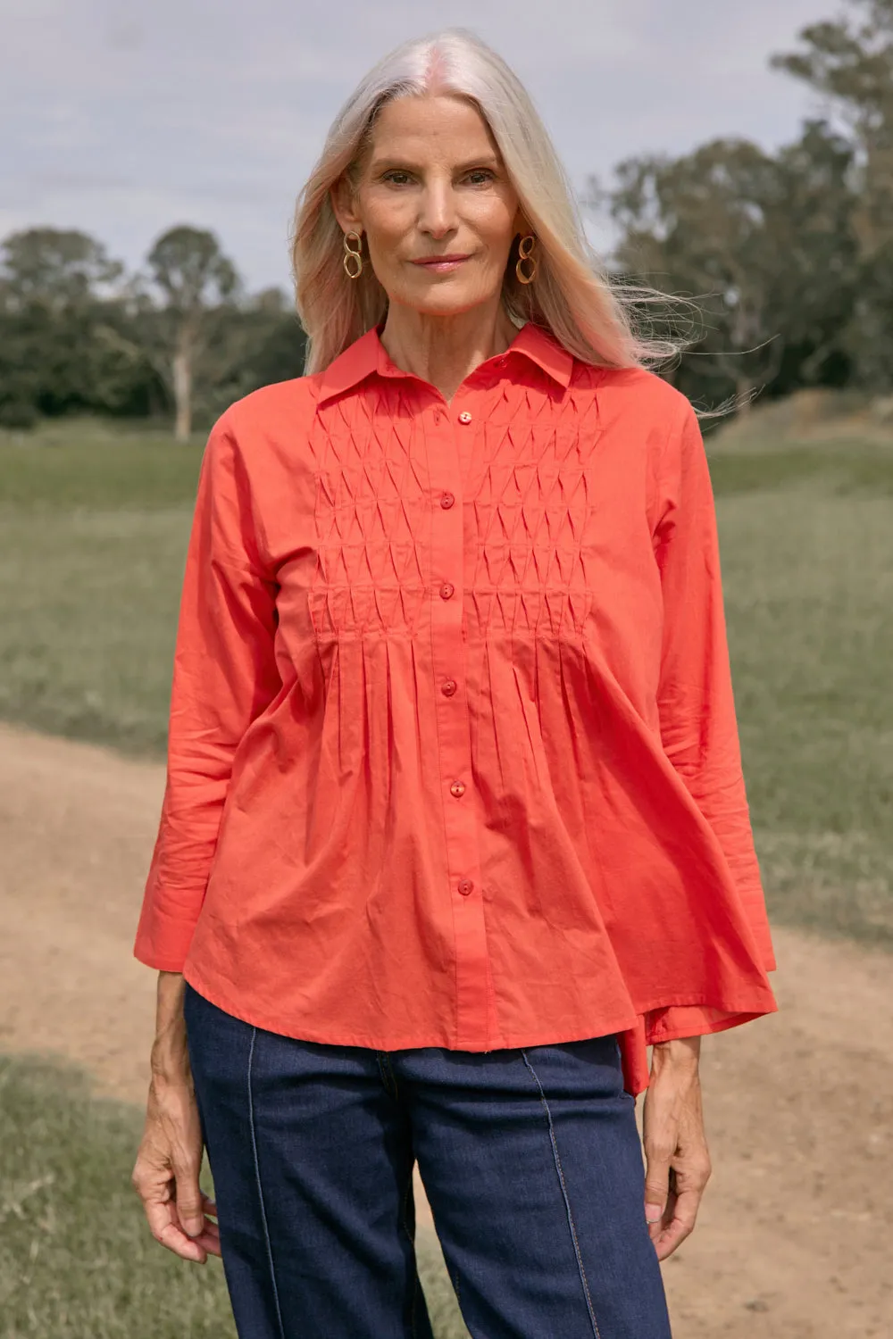 Pullover Vivienne Pintuck Blouse in Burnt Orange