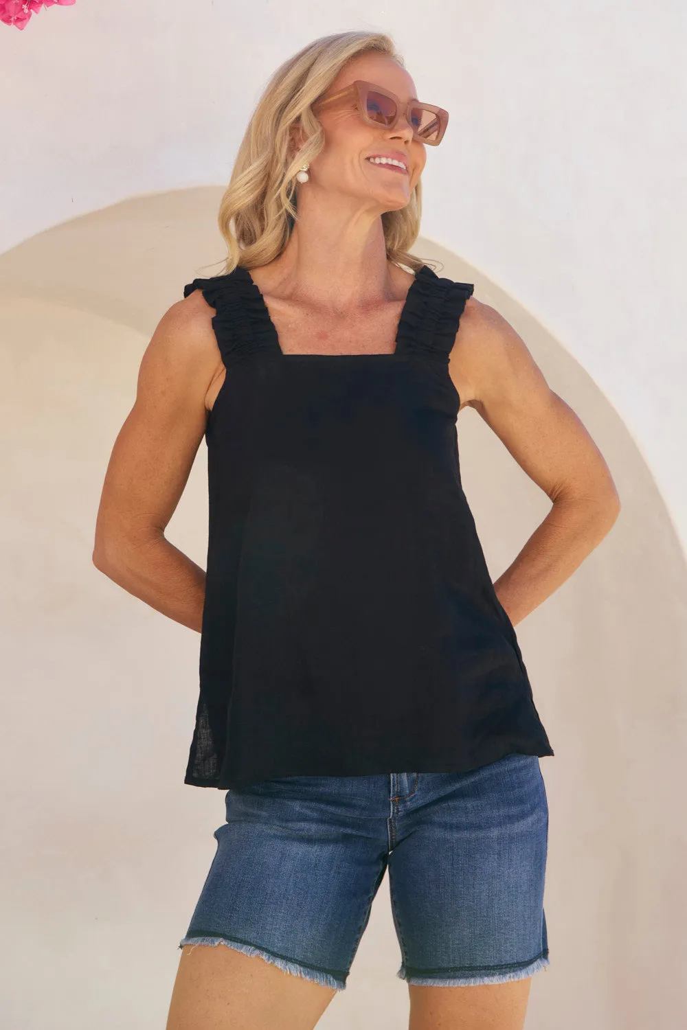 Claire Linen Summer Top in Black Quick Dry Material Chill Mode