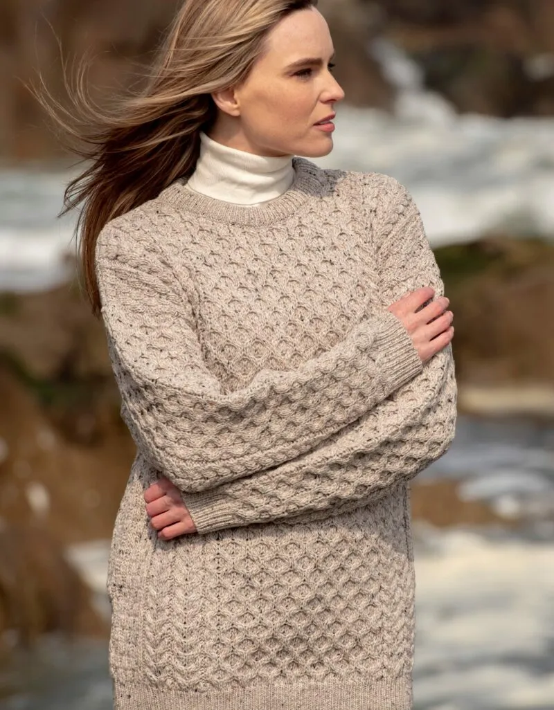 Cable knit Crewneck Jumper 100% Merino Wool (Oatmeal) Cozy Fit Oversized Design