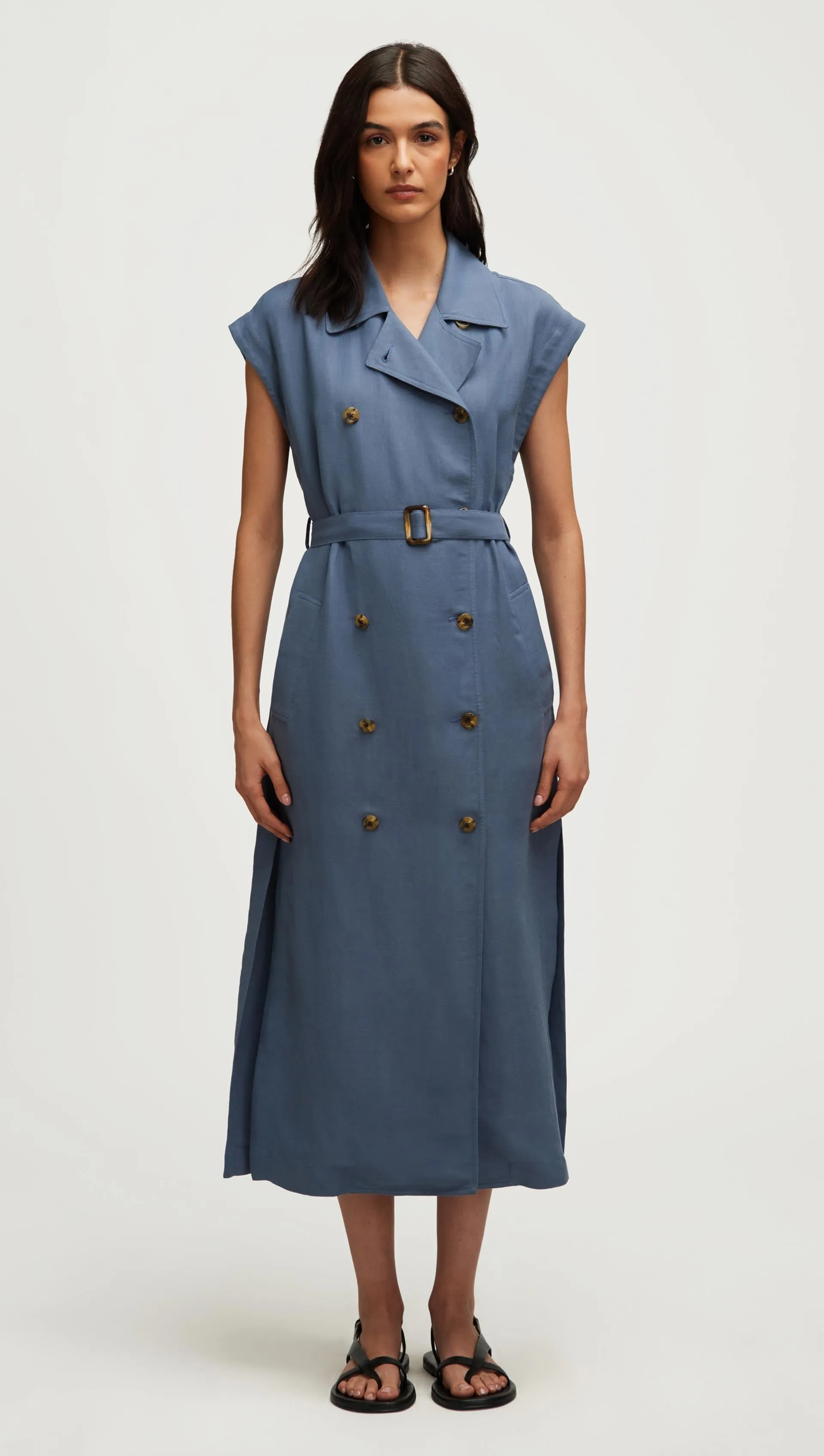 Trench Dress in Viscose Linen Twill | Powder Blue Soft Touch